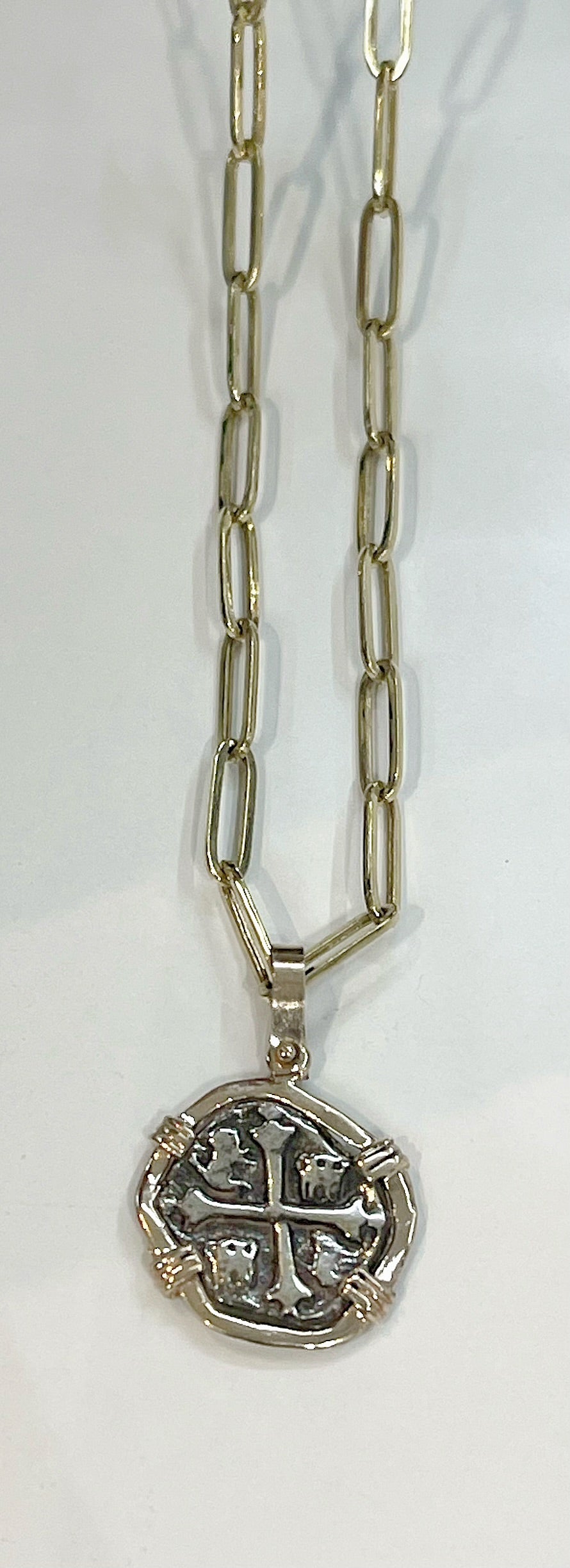 BEAUTIFUL HANDMADE RECREATION OF ATOCHA MINI SILVER COIN PENDANT IN 14KT REAL GOLD GOLD BEZEL