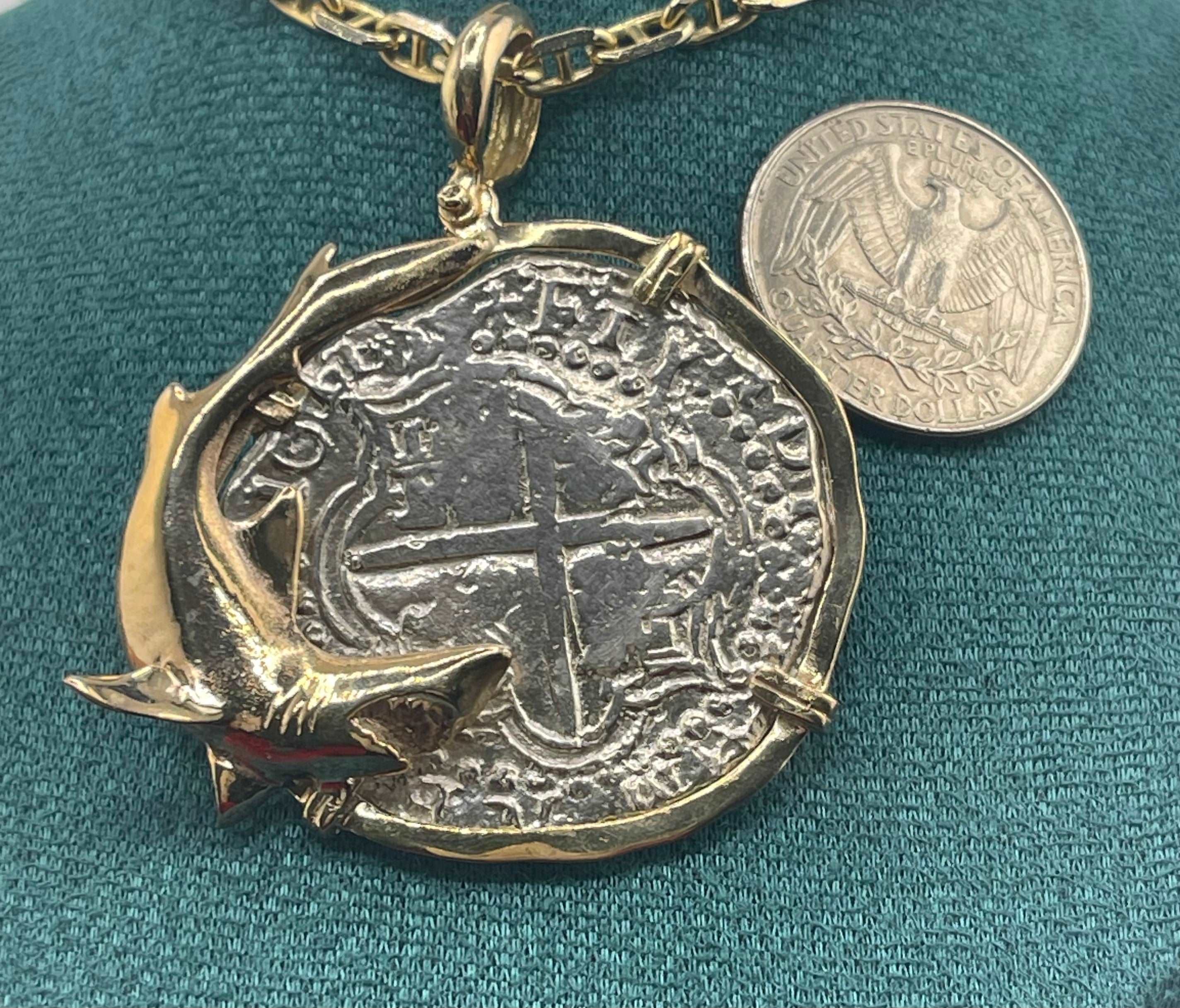 NUESTRA SENORA DE ATOCHA SOLID LARGE SILVER COIN PENDANT IN 14KT SOLID GOLD FISH BEZEL