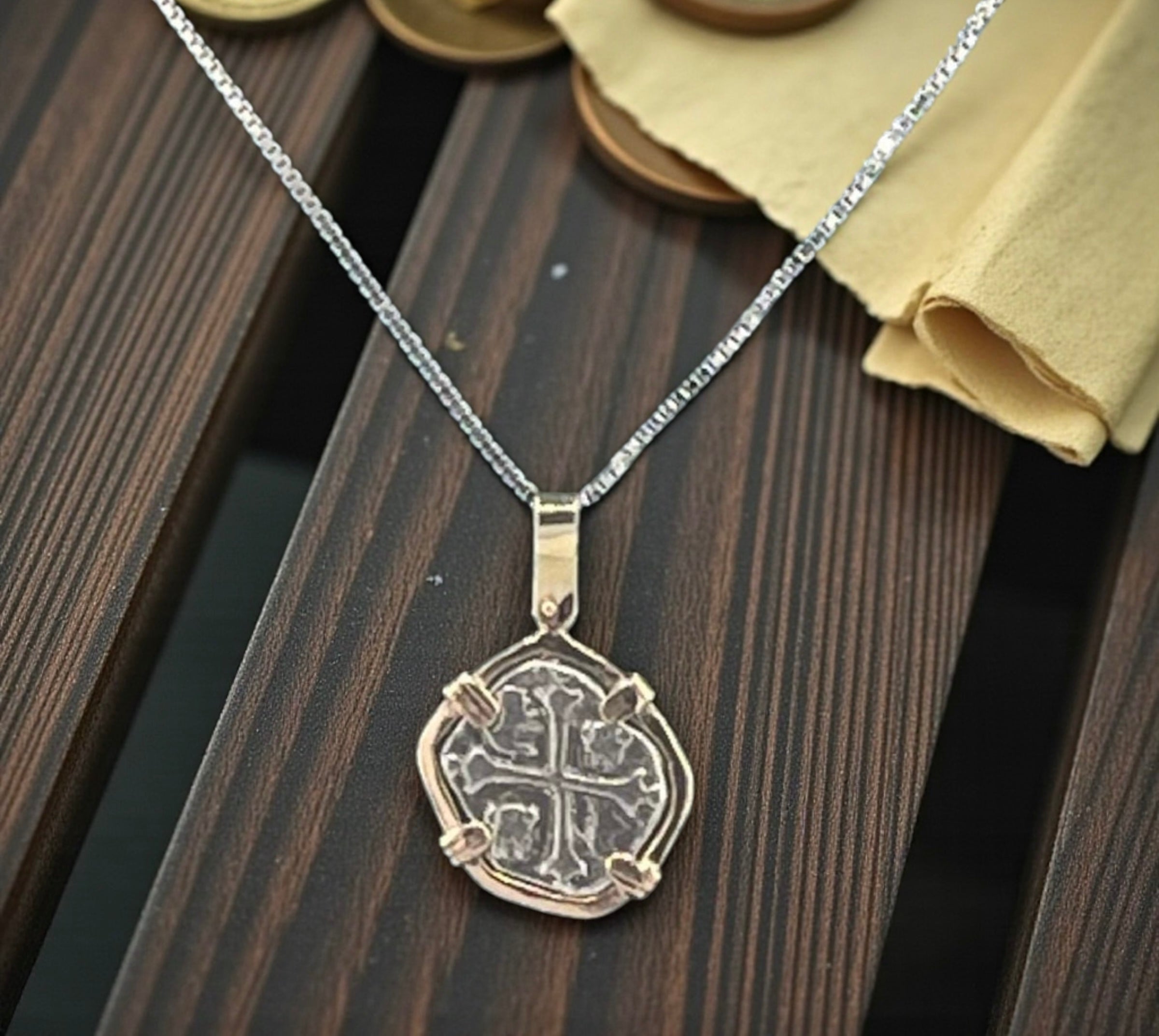 NUESTRA SENORA DE ATOCHA MINI SILVER COIN PENDANT IN 14KT GOLD BEZEL