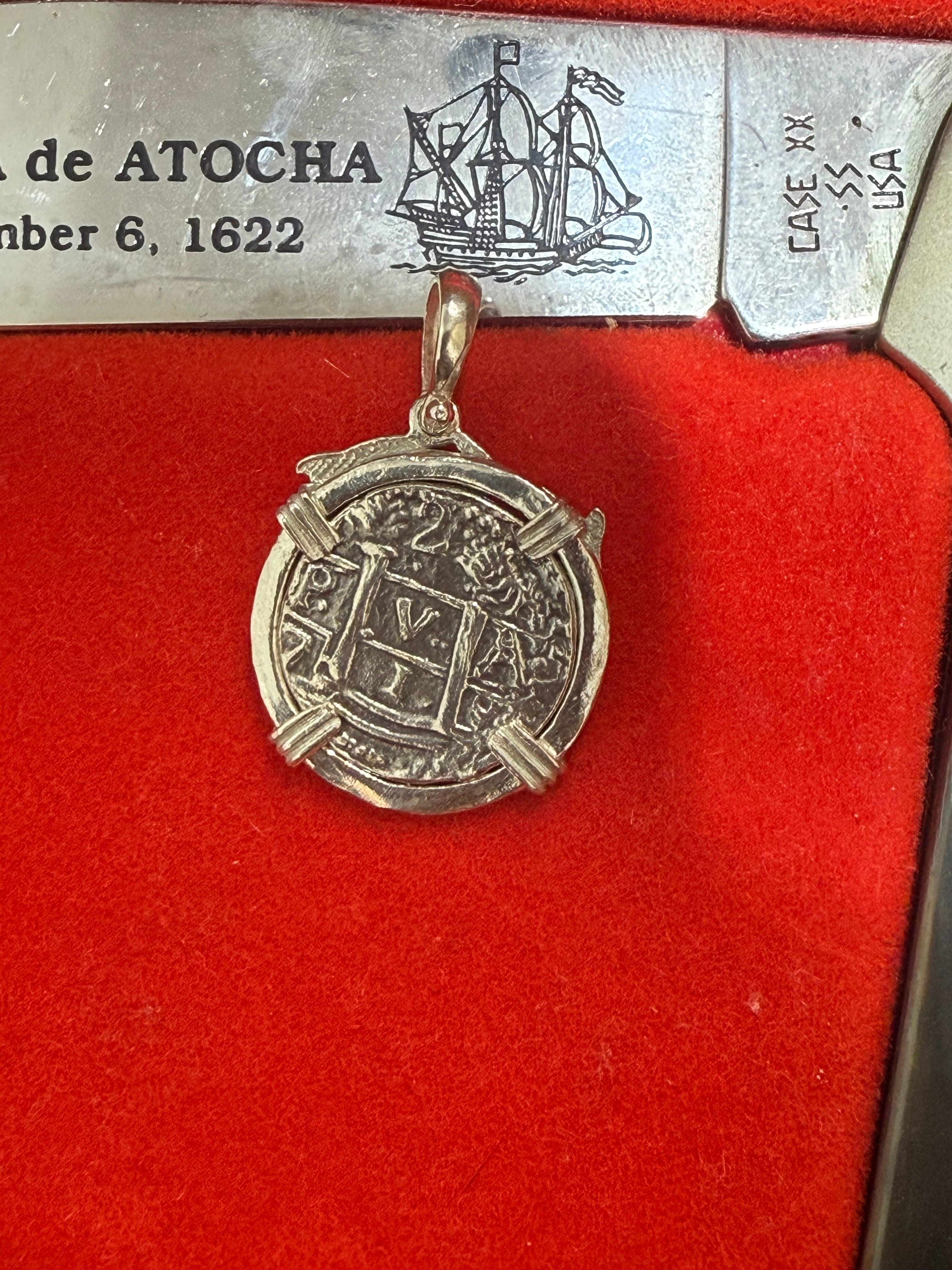 Atocha Shipwreck Treasure Mel fisher silver mini coin pendant on dolphin