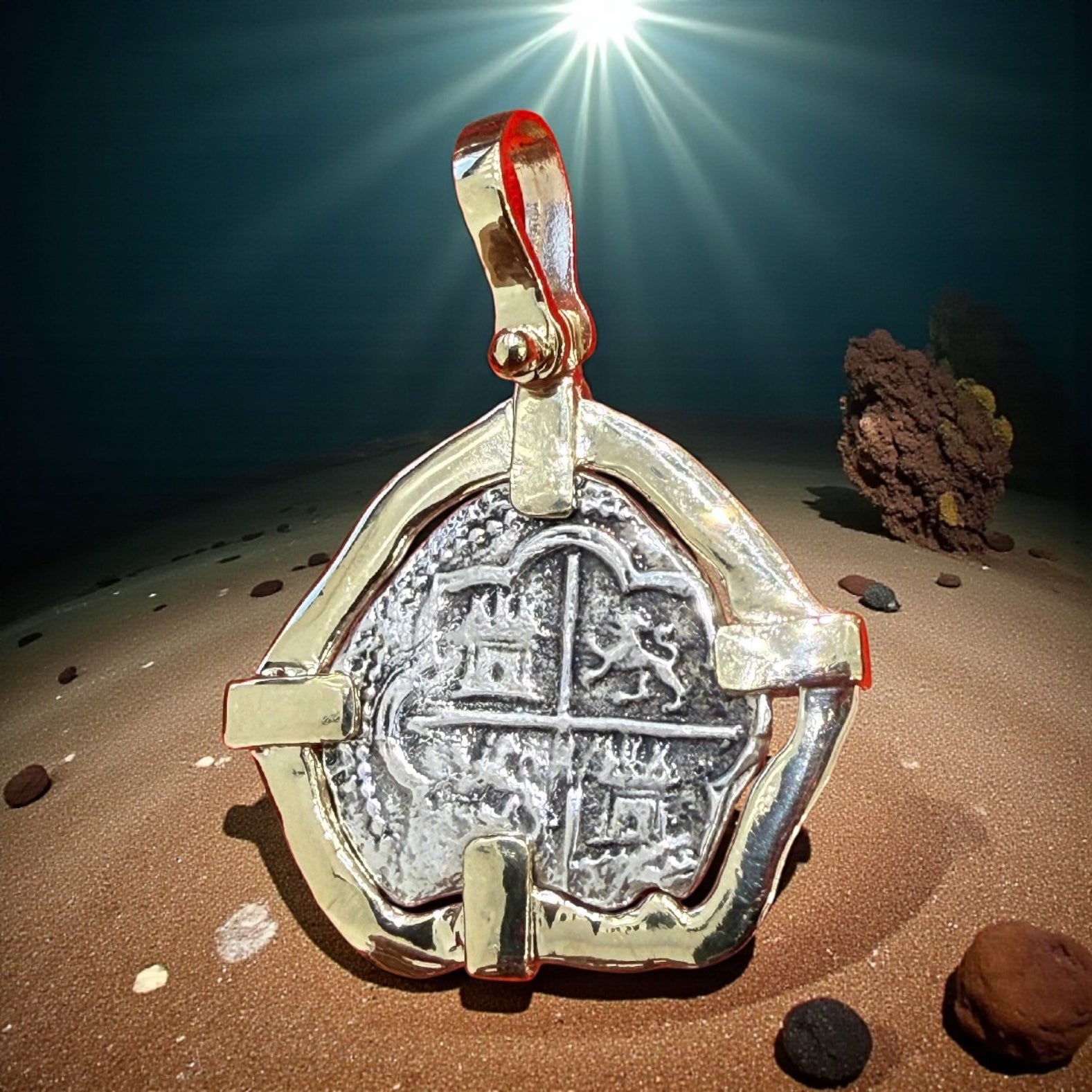 UNIQUE SHAPE ATOCHA SILVER SOLID COIN PENDANT IN 14K SOLID GOLD BEZEL