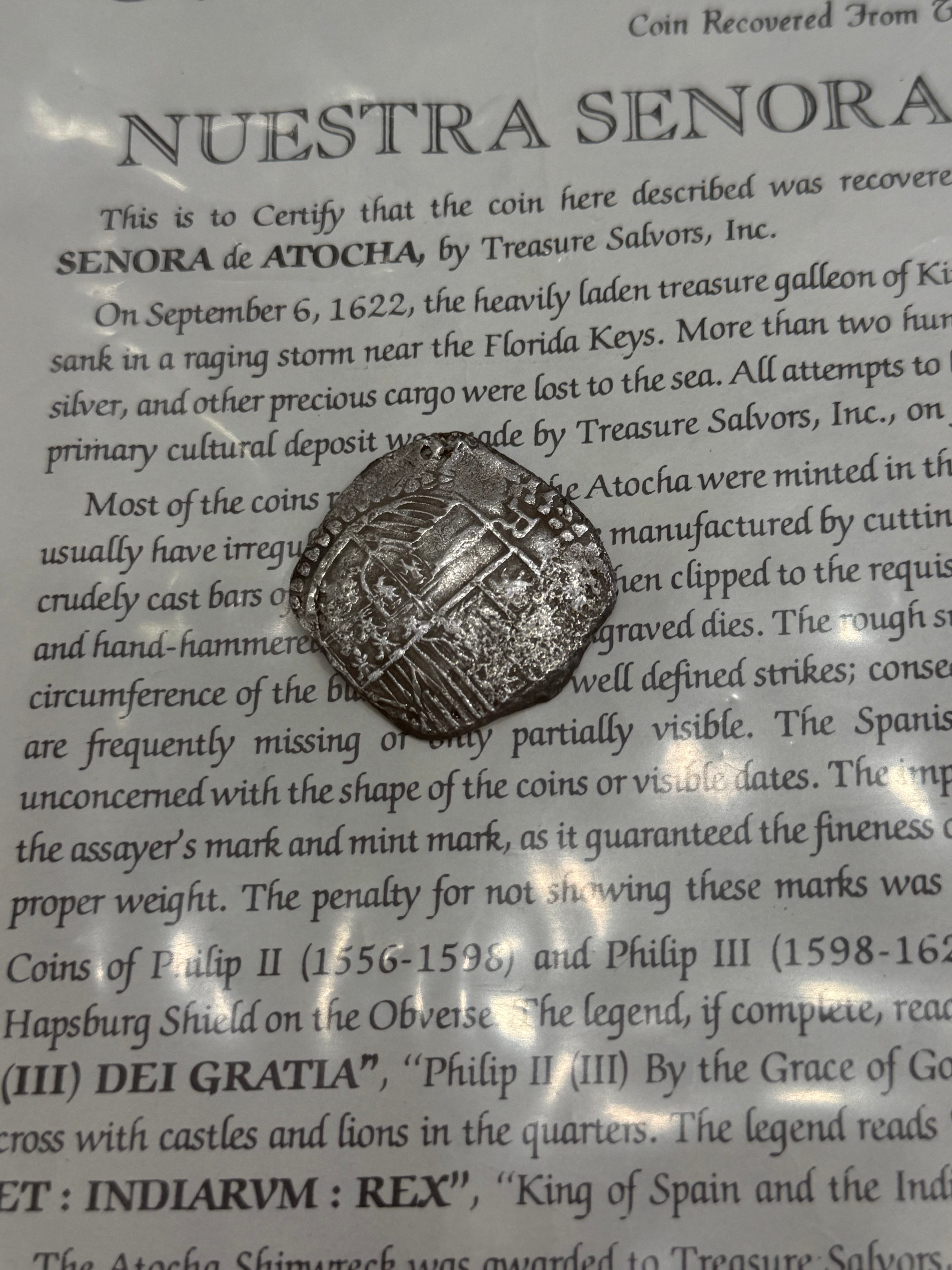 ACTUAL COIN NUESTRA SENORA DE ATOCHA SILVER COIN 8 REALE GRADE 2 SHIPWRECK COIN NO 85A-215760