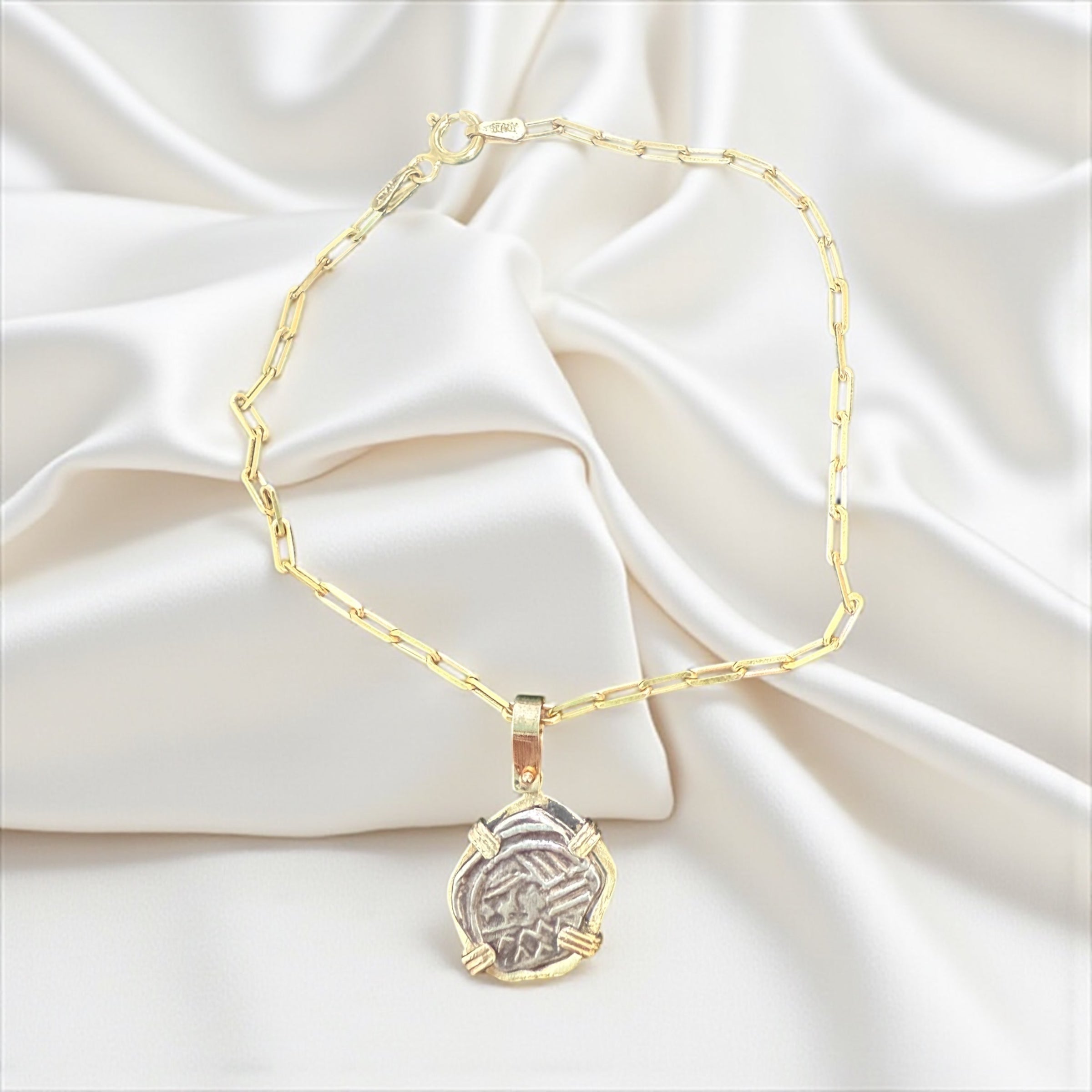 Atocha mini coin in 14k gold bezel charm bracelet set in 925 silver paper clip bracelet 1.9mm