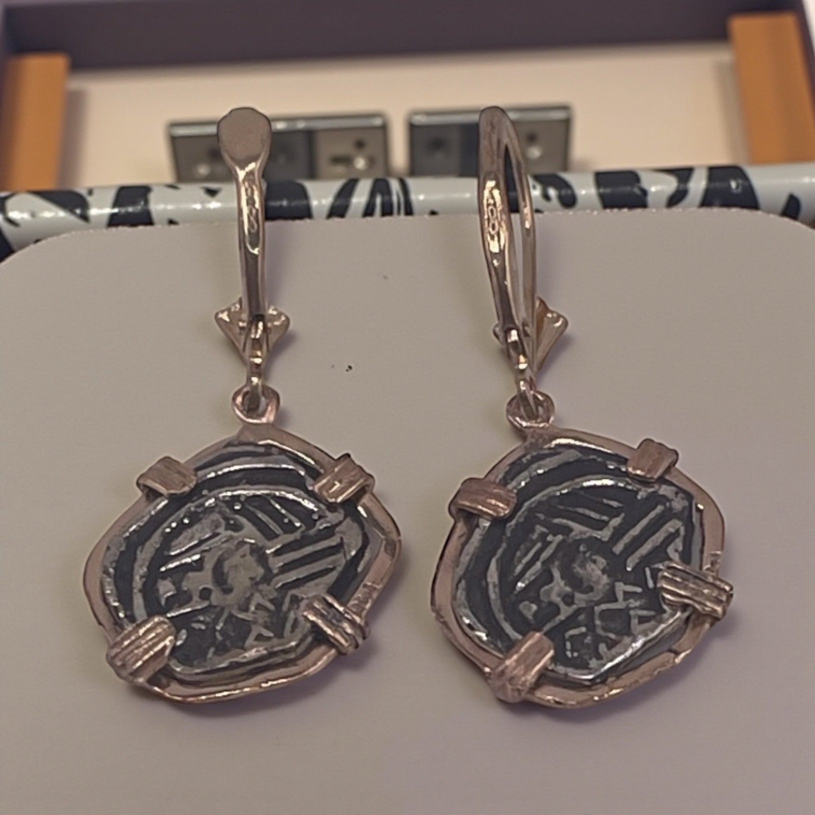 NUESTRA SENORA DE ATOCHA MINI SILVER COIN EARRINGS IN 14k GOLD BEZEL