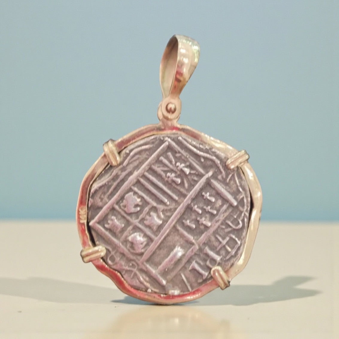 Replica ATOCHA Silver Coin Pendant In 14k Gold Bezel Handmade From Atocha Silver