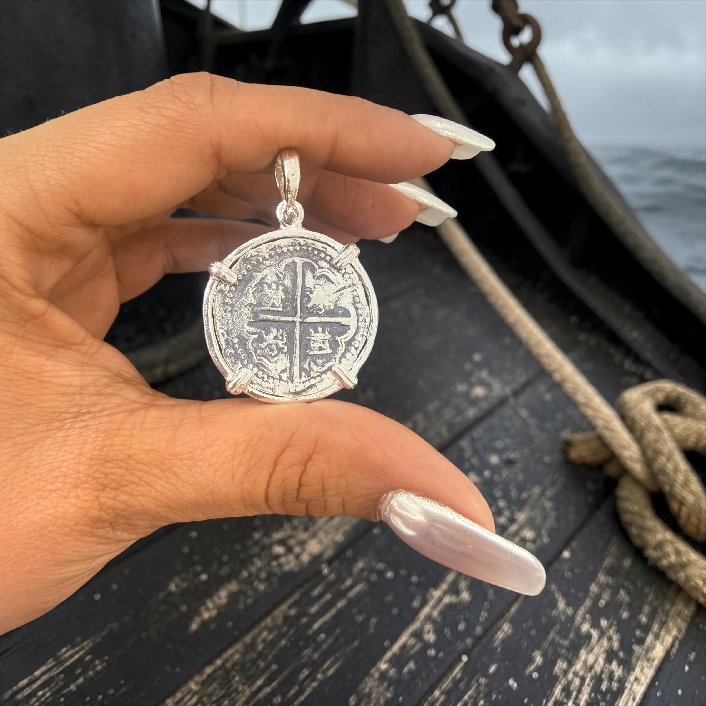 925 solid sterling silver quarter size recreation of Atocha coin pendant