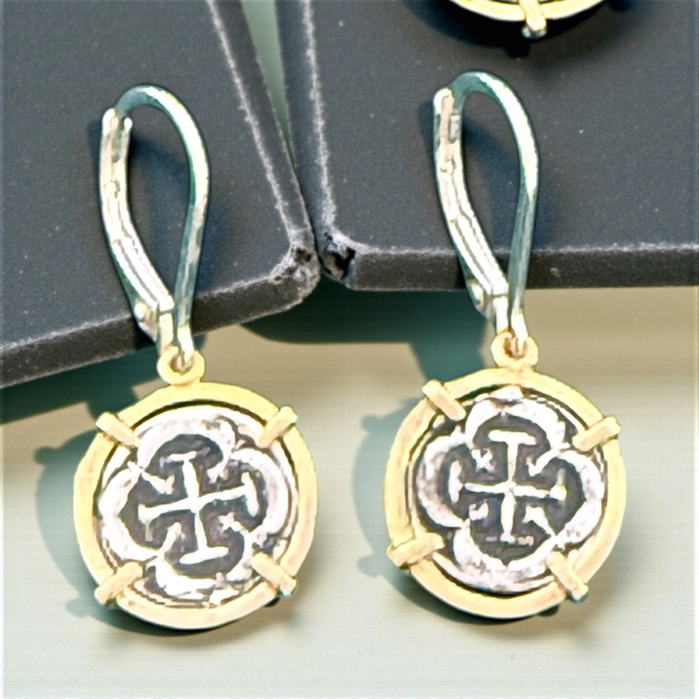 ATOCHA MINI SILVER COIN DANGLE EARRINGS IN 14k GOLD BEZEL 12MM
