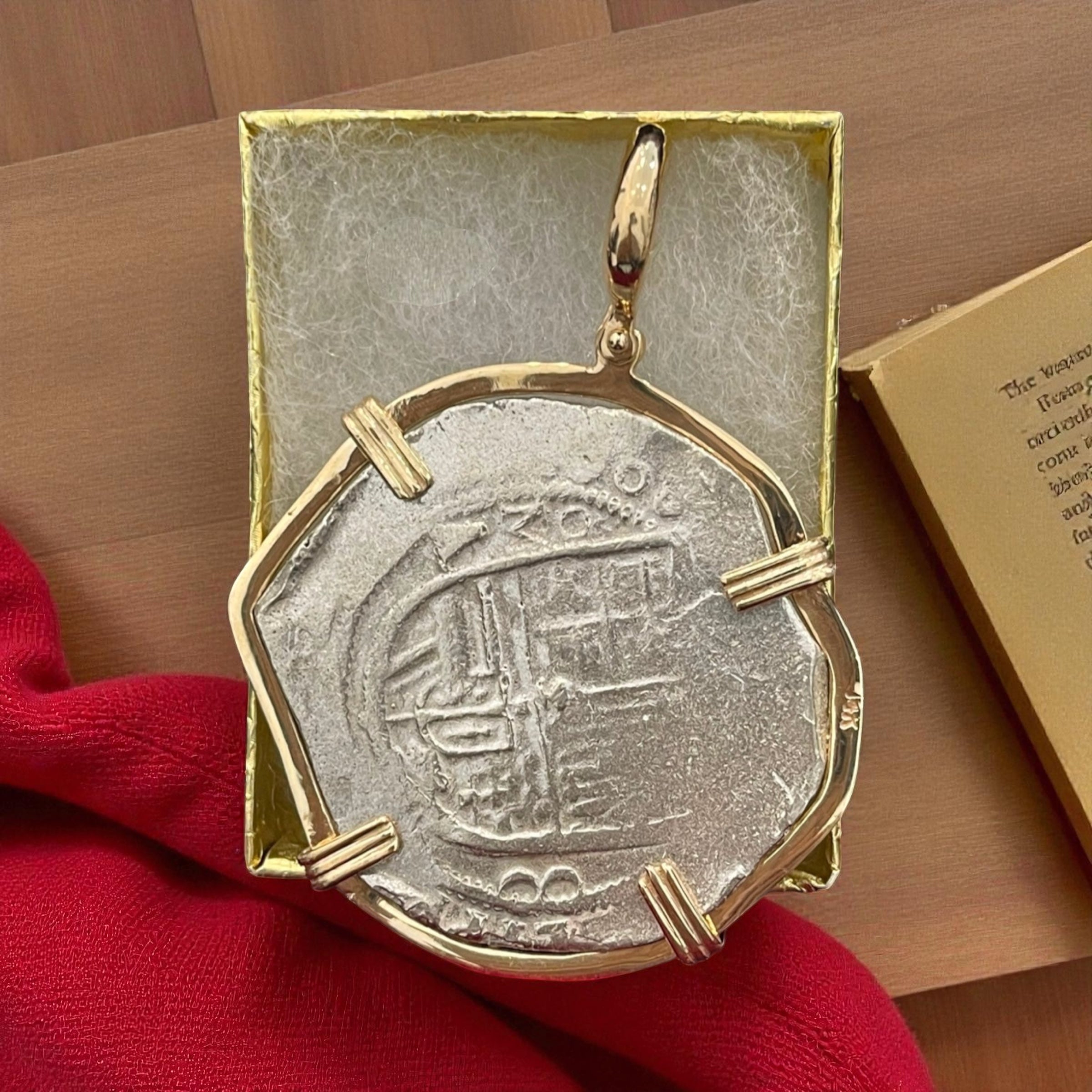 ATOCHA SOLID SILVER HEAVY COIN PENDANT IN 14K SOLID GOLD BEZEL