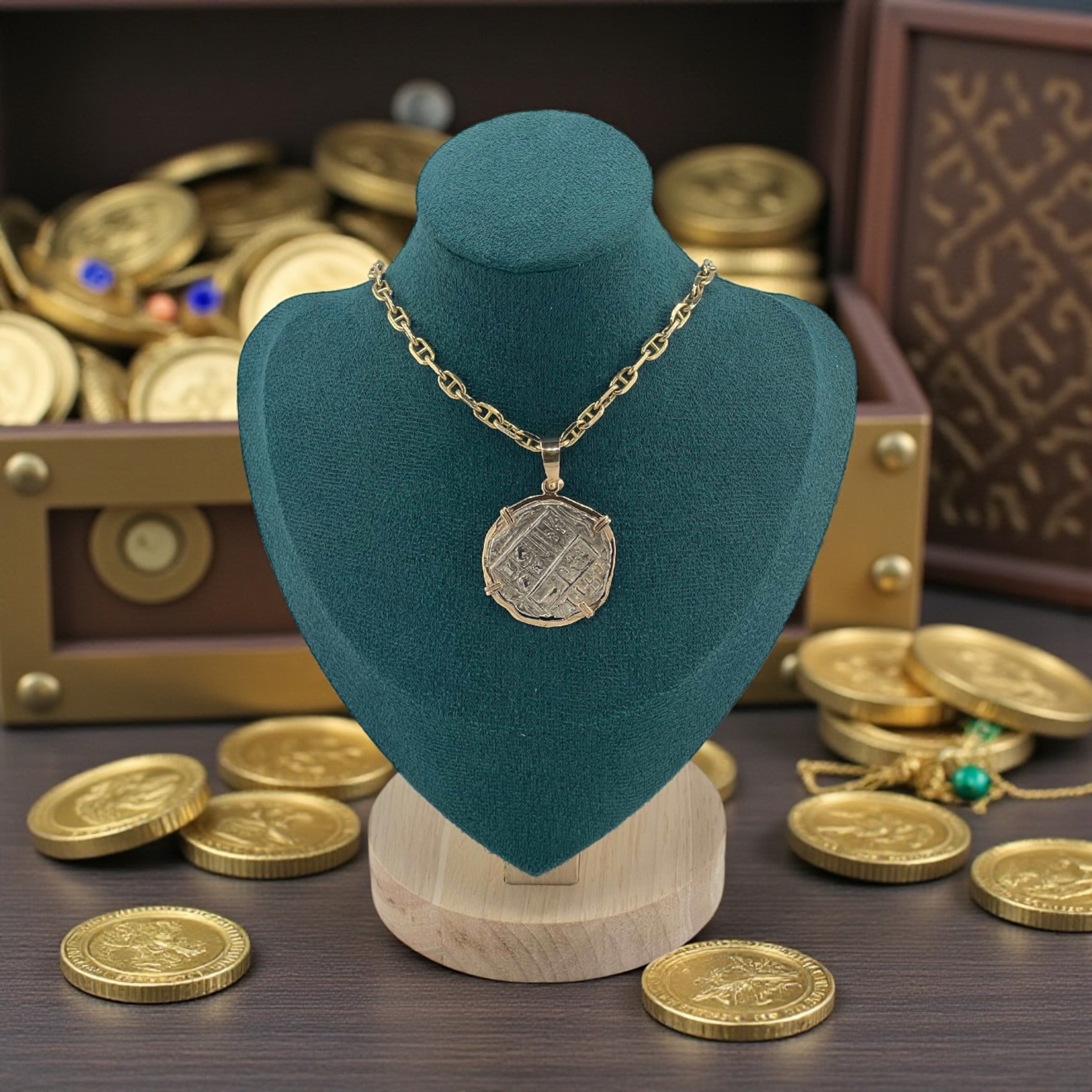 NUESTRA SENORA DE ATOCHA SOLID SILVER COIN PENDANT IN 14KT SOLID GOLD BEZEL