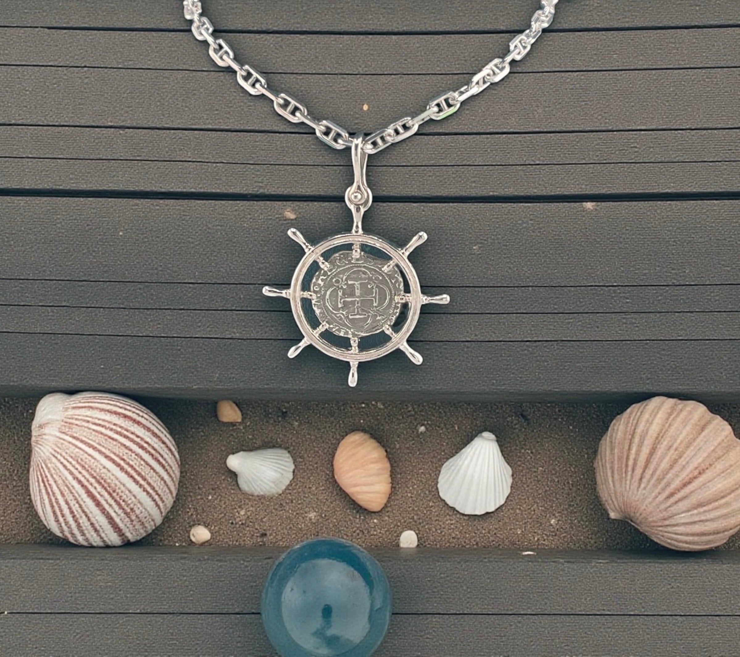 ATOCHA SOLID SILVER SHIPS-WHEEL COIN PENDANT