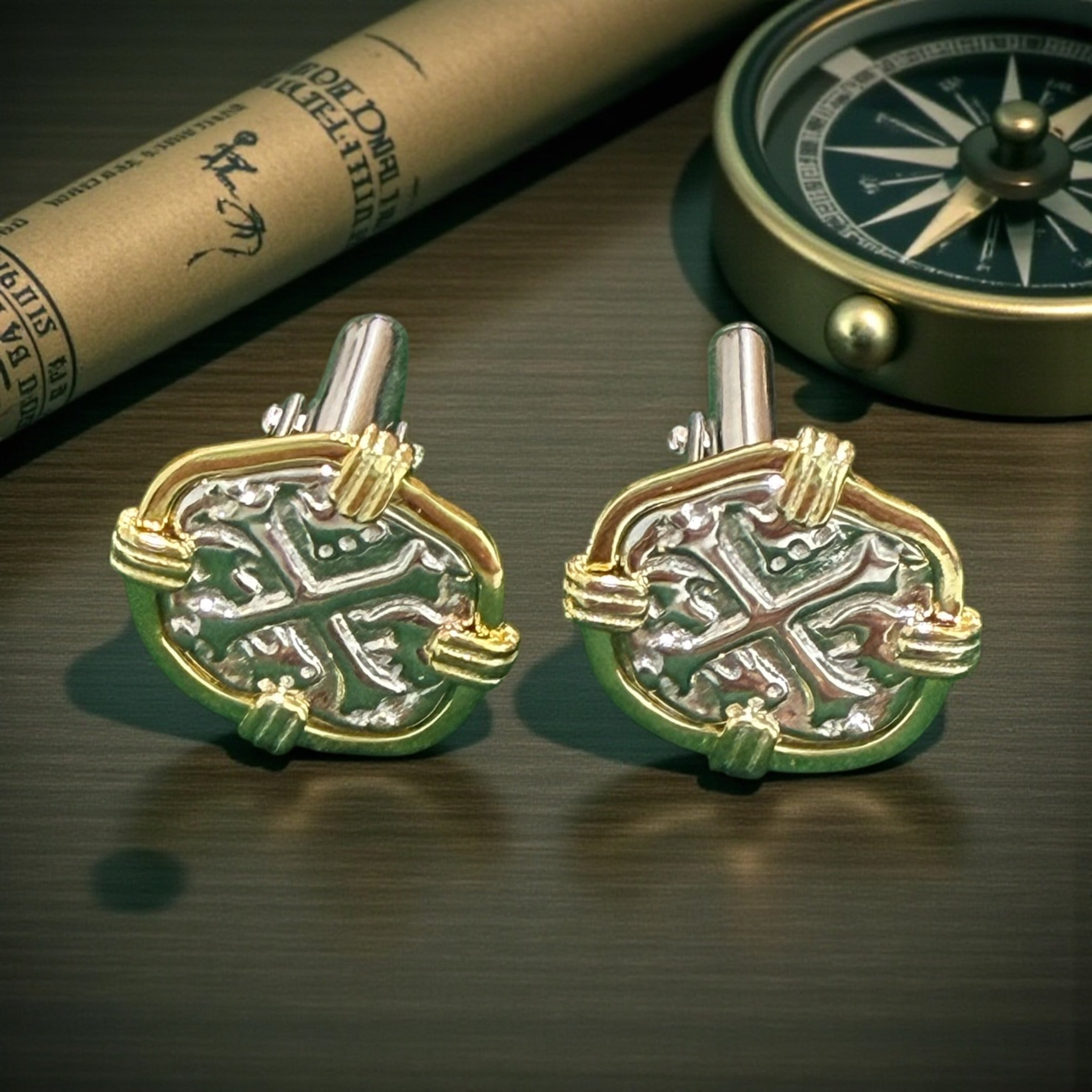 Atocha Shipwreck Coin Cufflinks: 14k Gold vermeil and Sterling Silver