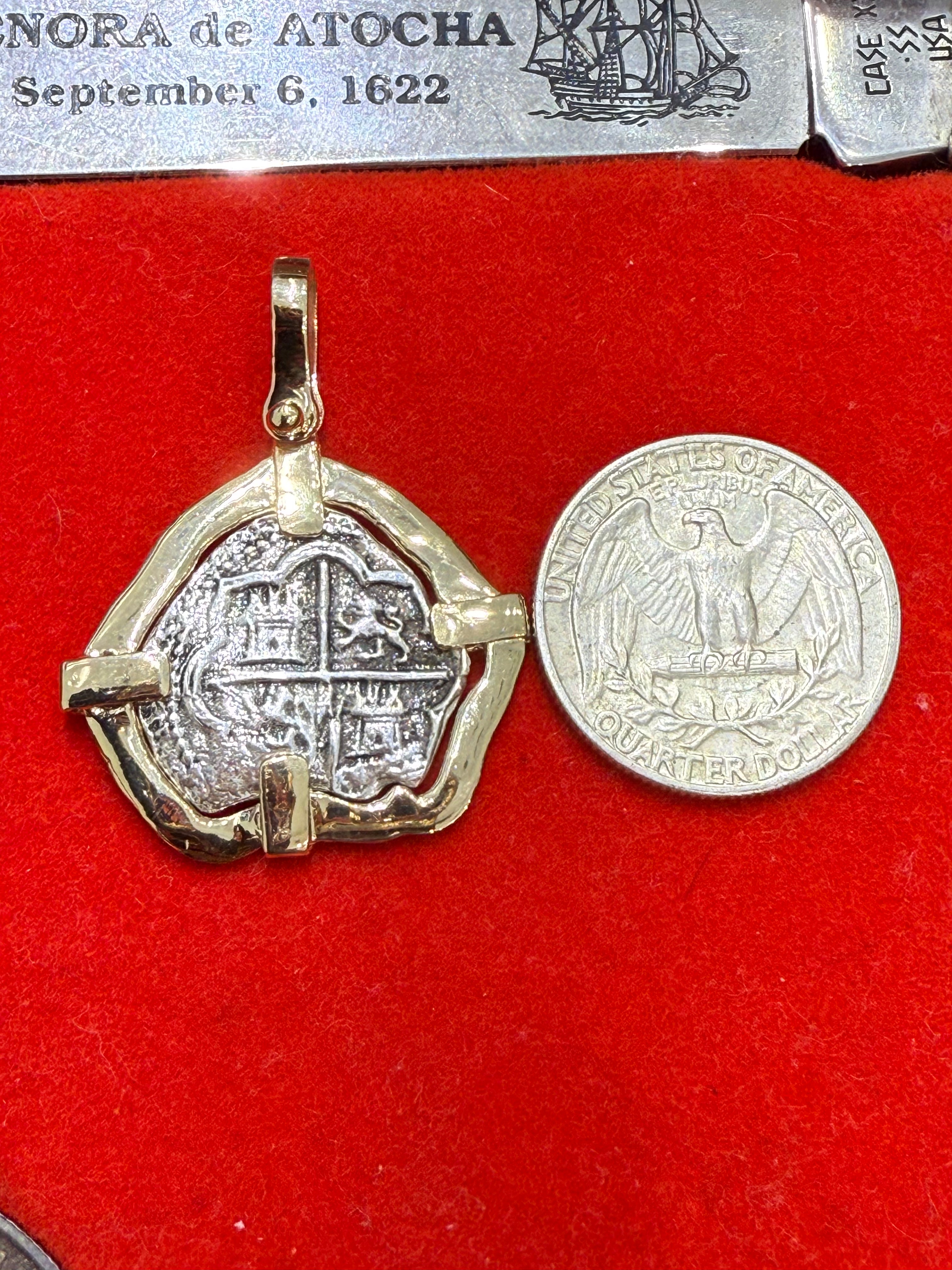 UNIQUE SHAPE ATOCHA SILVER SOLID COIN PENDANT IN 14K SOLID GOLD BEZEL