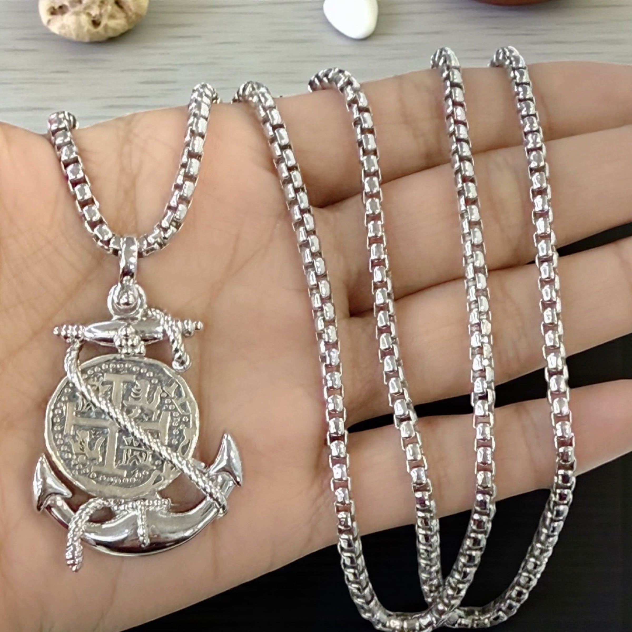 Solid Atocha shipwreck treasure Mel fisher silver coin pendant in anchor setting