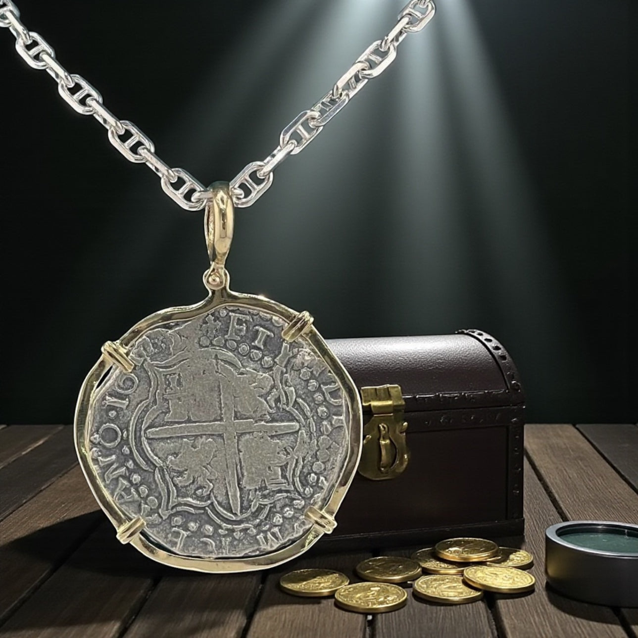 NUESTRA SENORA DE ATOCHA SOLID LARGE SIZE SILVER COIN PENDANT IN 14KT SOLID GOLD BEZEL