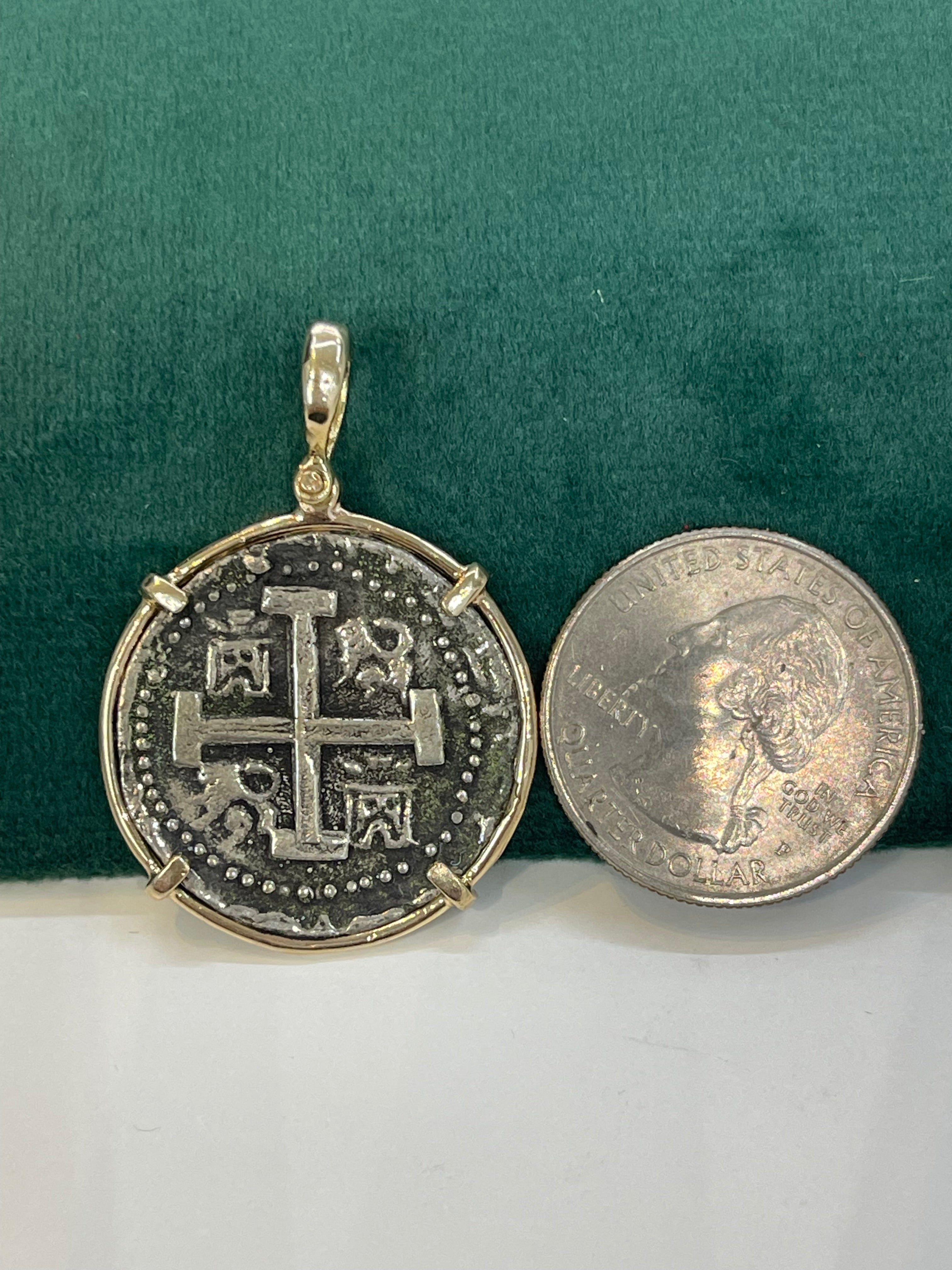 ATOCHA SILVER COIN PENDANT IN 14K REAL SOLID GOLD BEZEL HANDMADE FROM ATOCHA SILVER