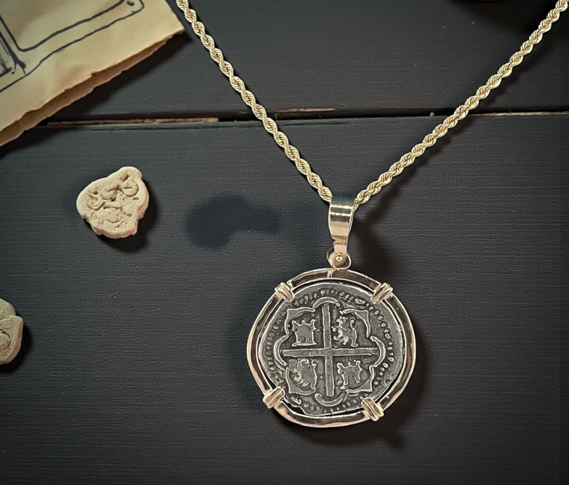 NUESTRA SENORA DE ATOCHA SILVER COIN PENDANT IN 14KT SOLID GOLD BEZEL