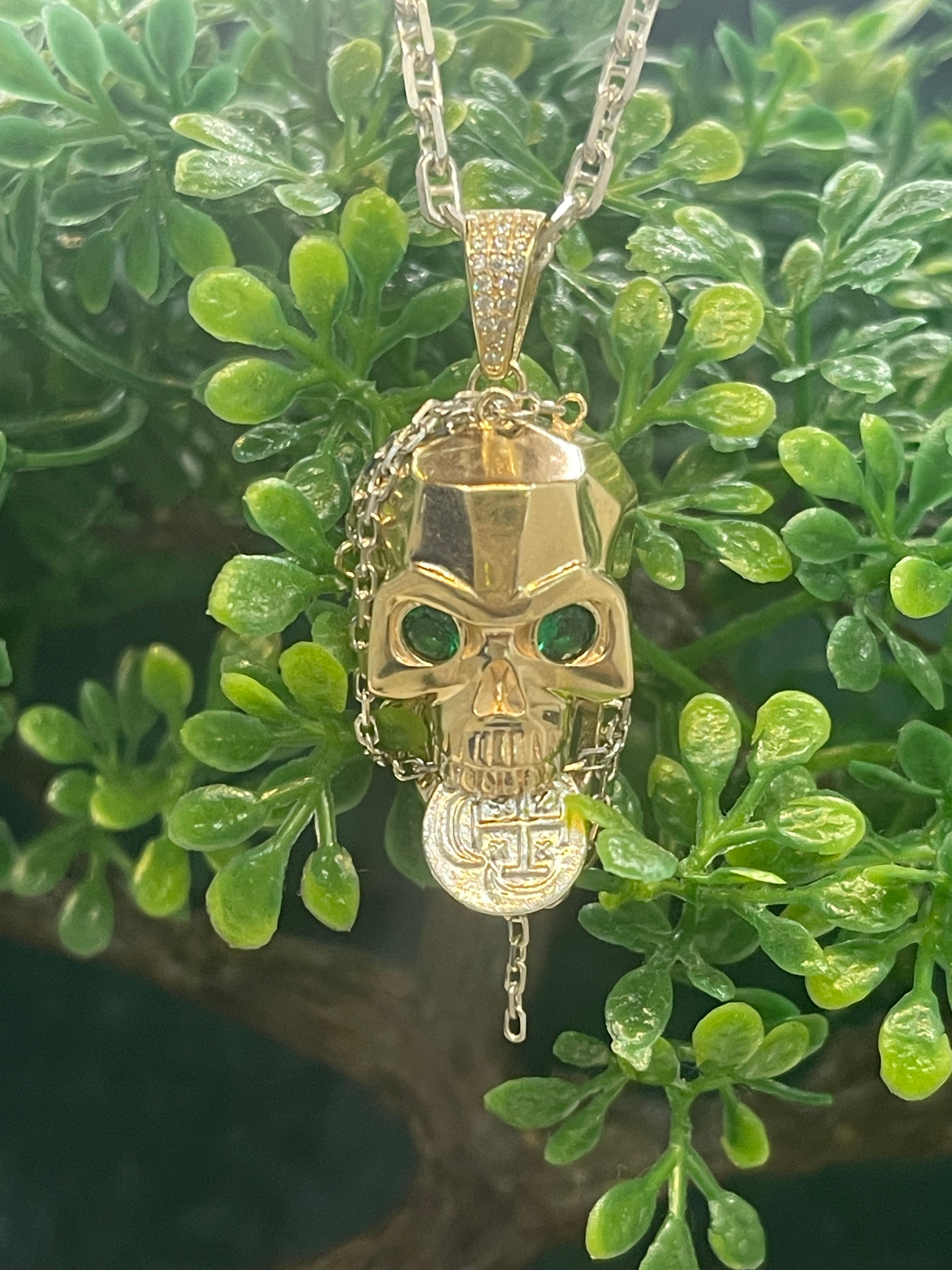 NUESTRA SENORA DE ATOCHA MINI SILVER COIN PENDANT IN 10K REAL GOLD SKULL WITH GREEN CRYSTAL EYES