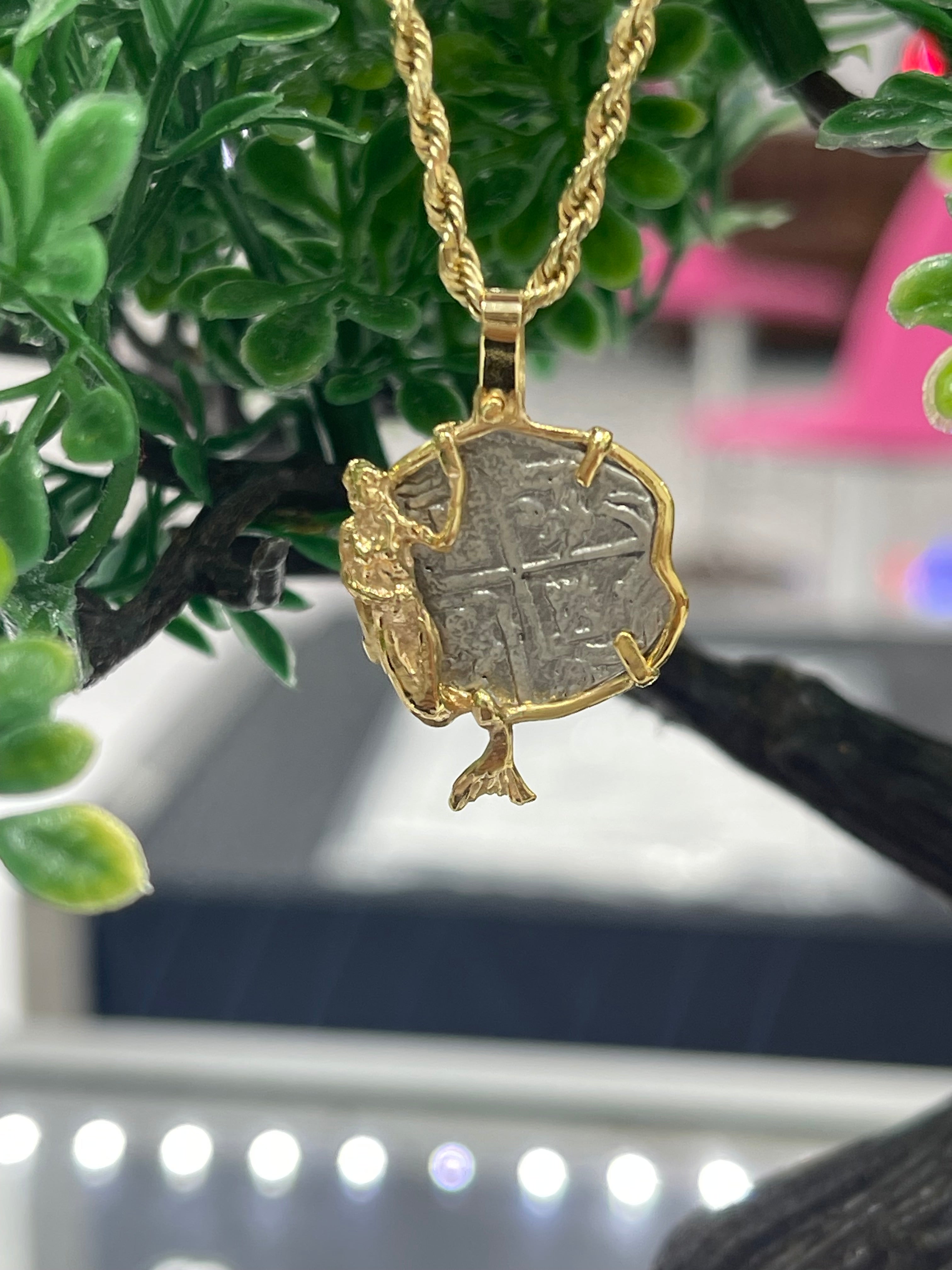 ATOCHA SHIPWRECK SILVER COIN PENDANT IN 14KT SOLID REAL GOLD MERMAID BEZEL