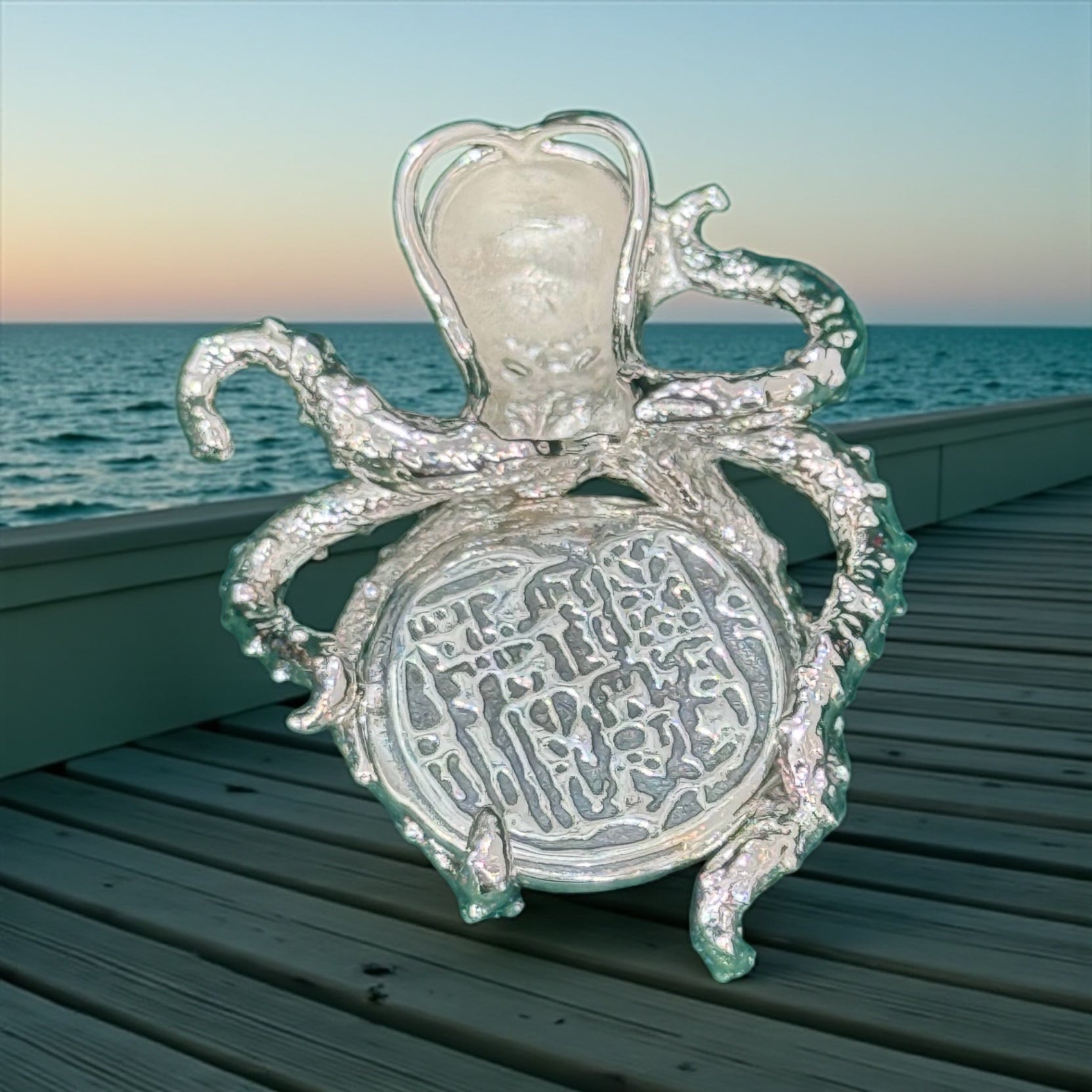 Gorgeous atocha 925 solid sterling silver coin pendant in octopus setting with green gemstone eyes