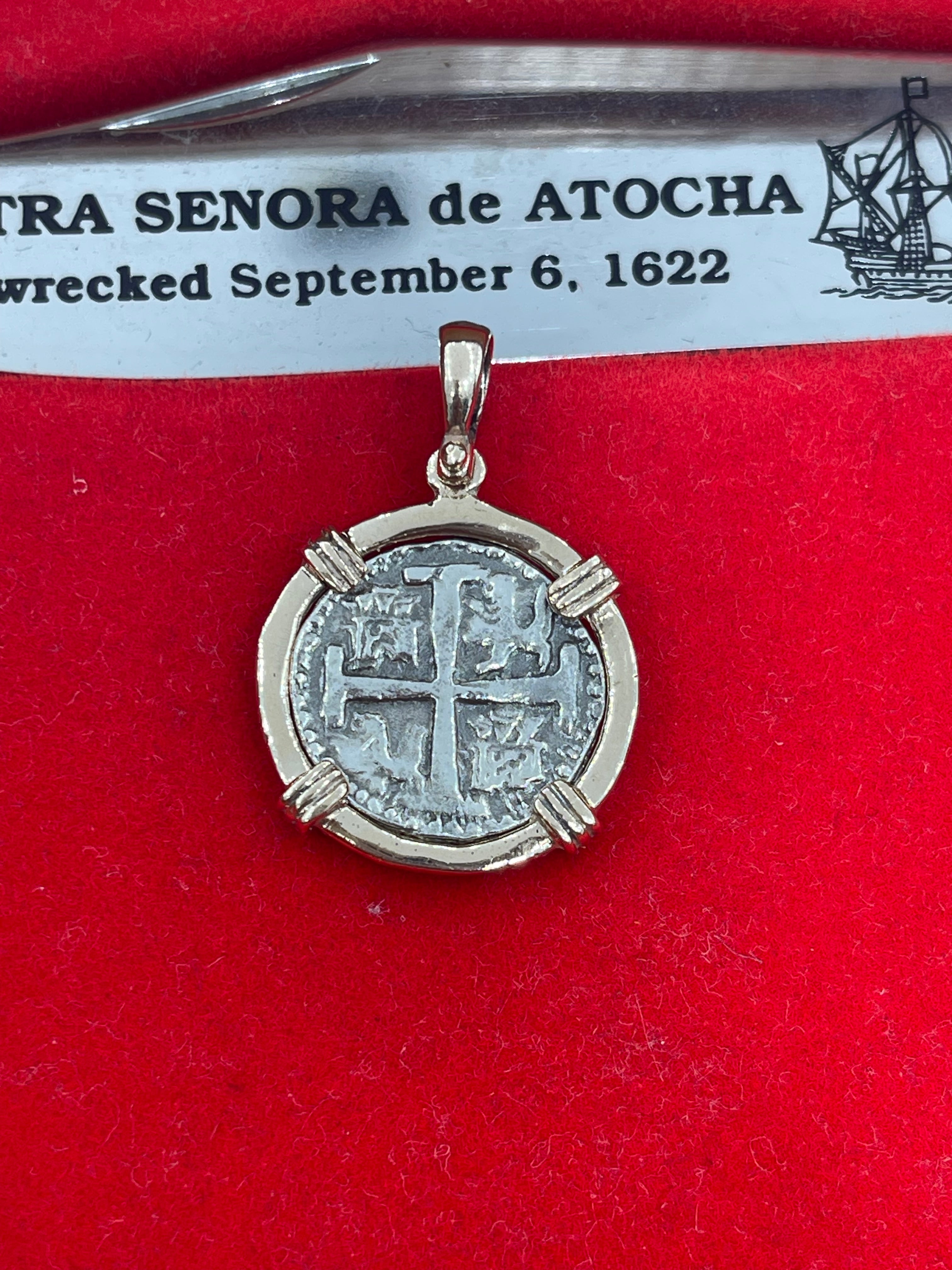 ATOCHA SILVER COIN PENDANT IN 14K REAL SOLID GOLD BEZEL HANDMADE FROM ATOCHA SILVER