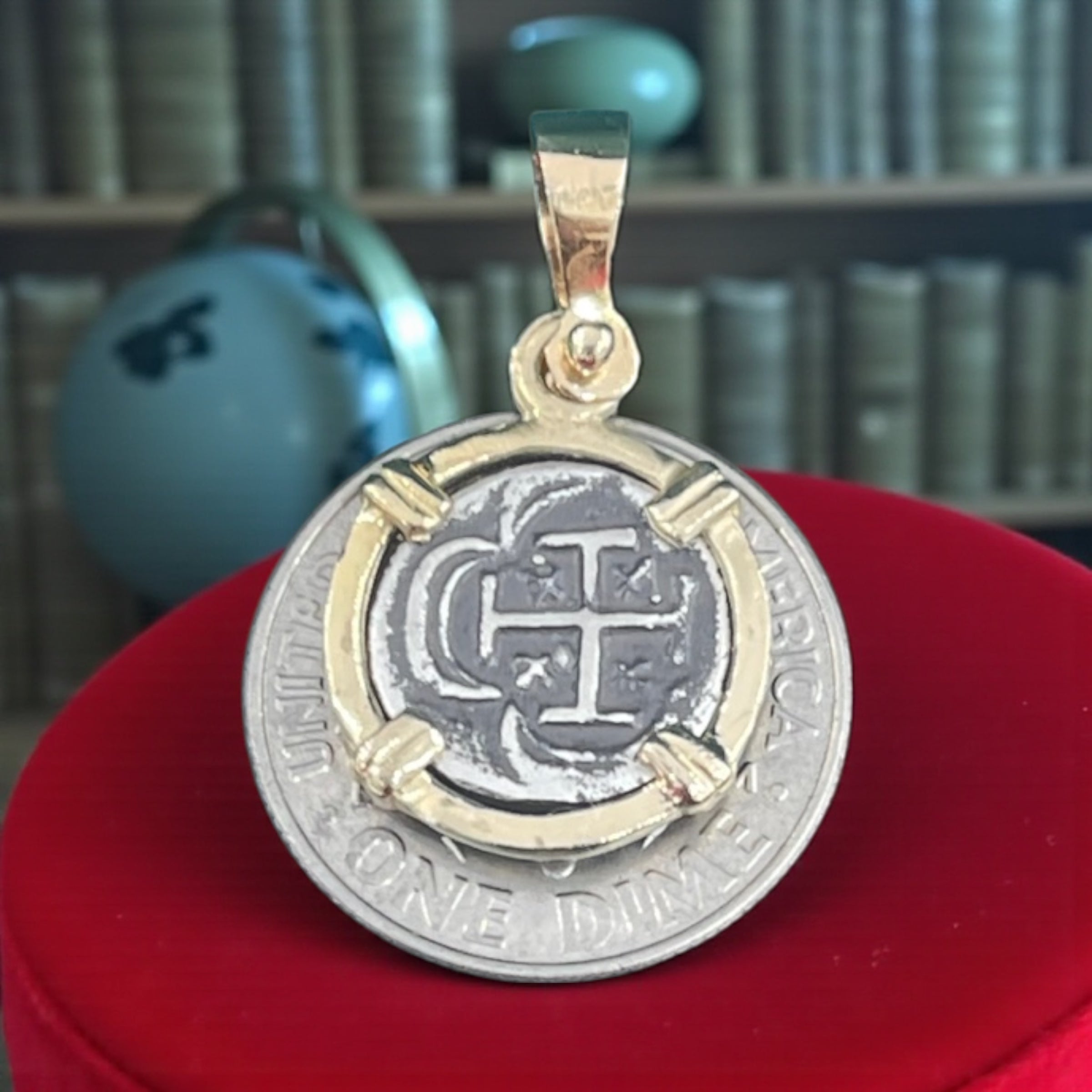 ATOCHA SILVER MINI COIN PENDANT IN 14K REAL SOLID GOLD BEZEL