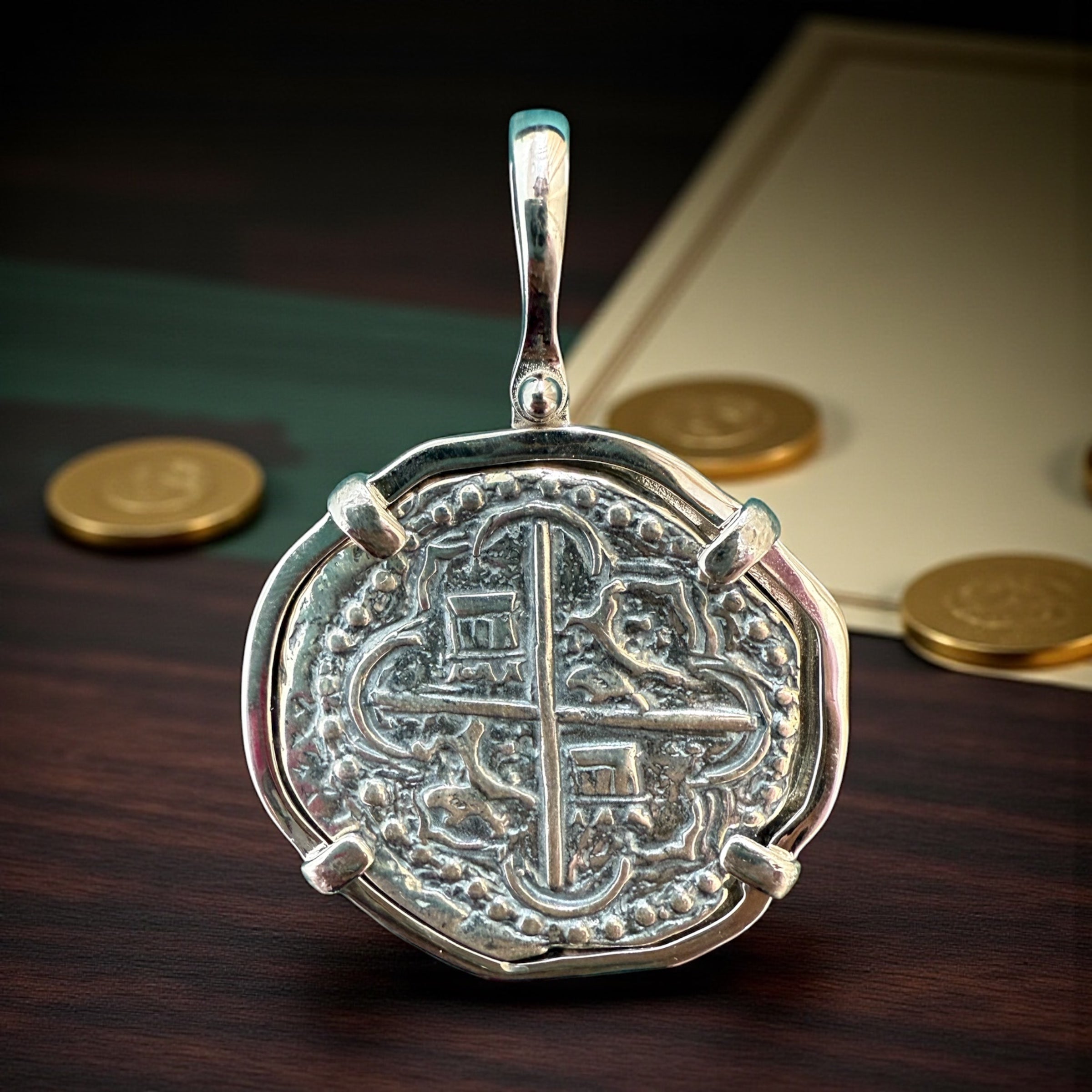 Atocha large size silver coin pendant in polished finish with bale 10mm size