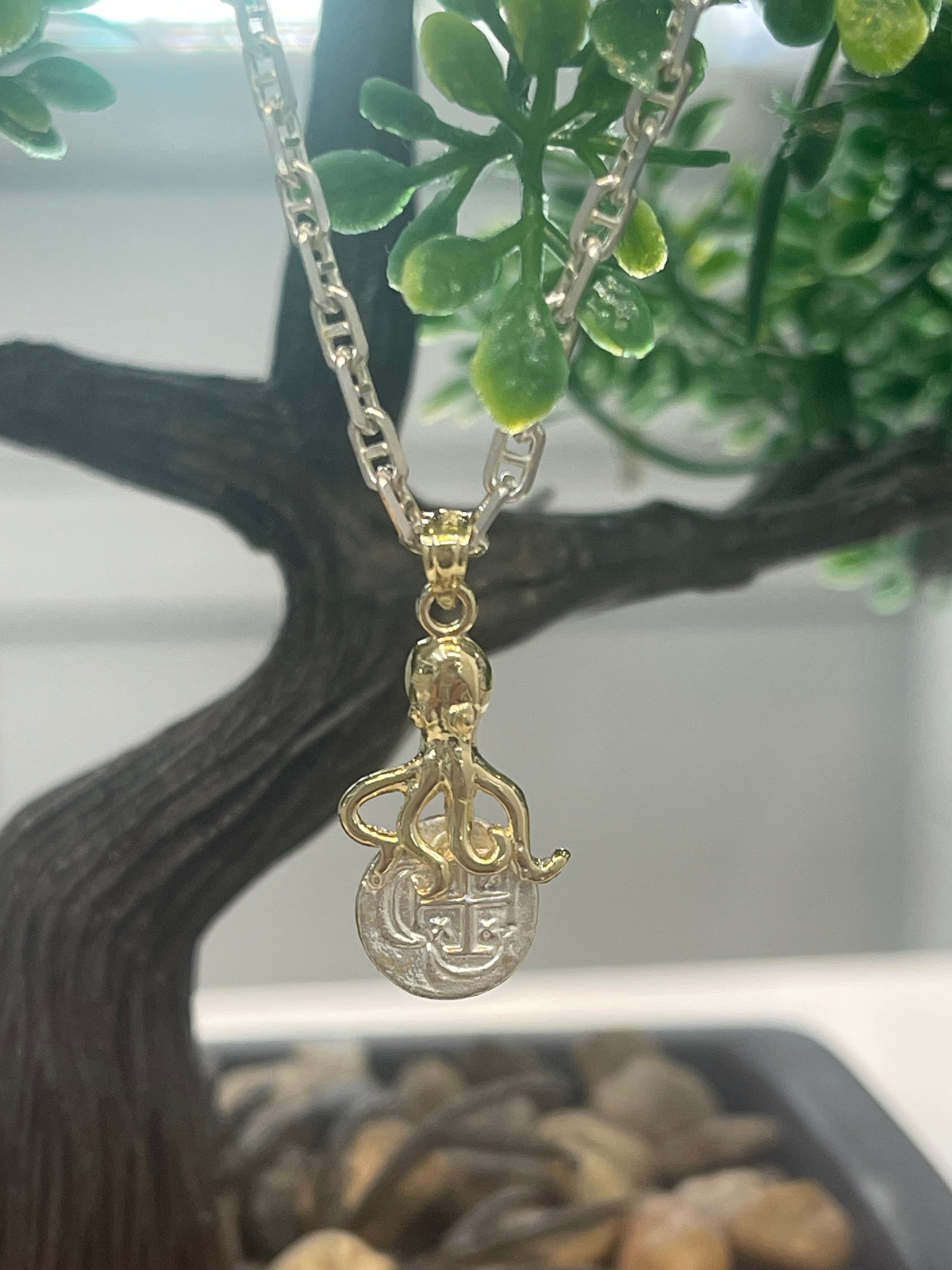 NUESTRA SENORA DE ATOCHA MINI SILVER COIN PENDANT IN 10K REAL GOLD OCTOPUS