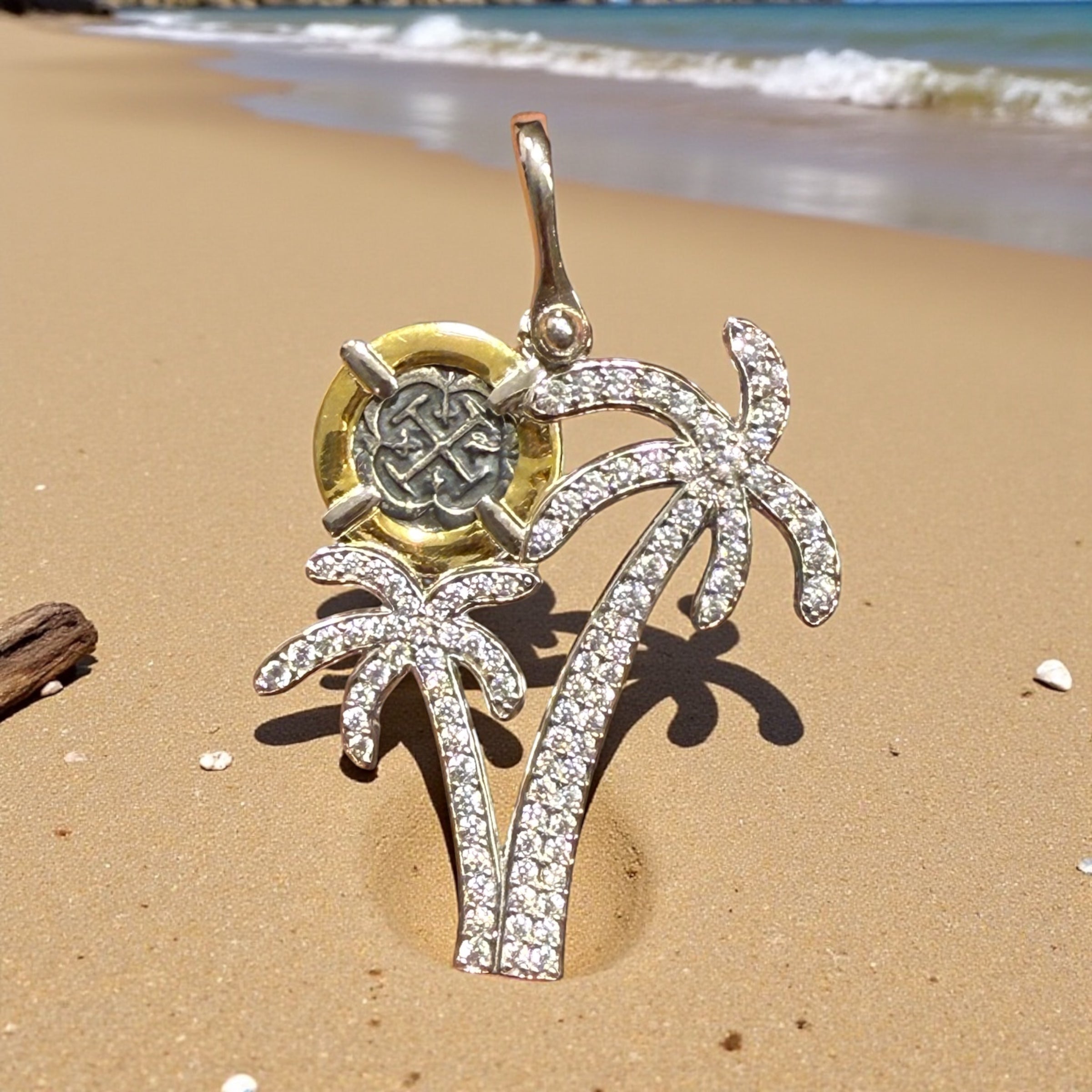 Atocha Shipwreck mini coin pendant in beautiful double crystal palm tree setting