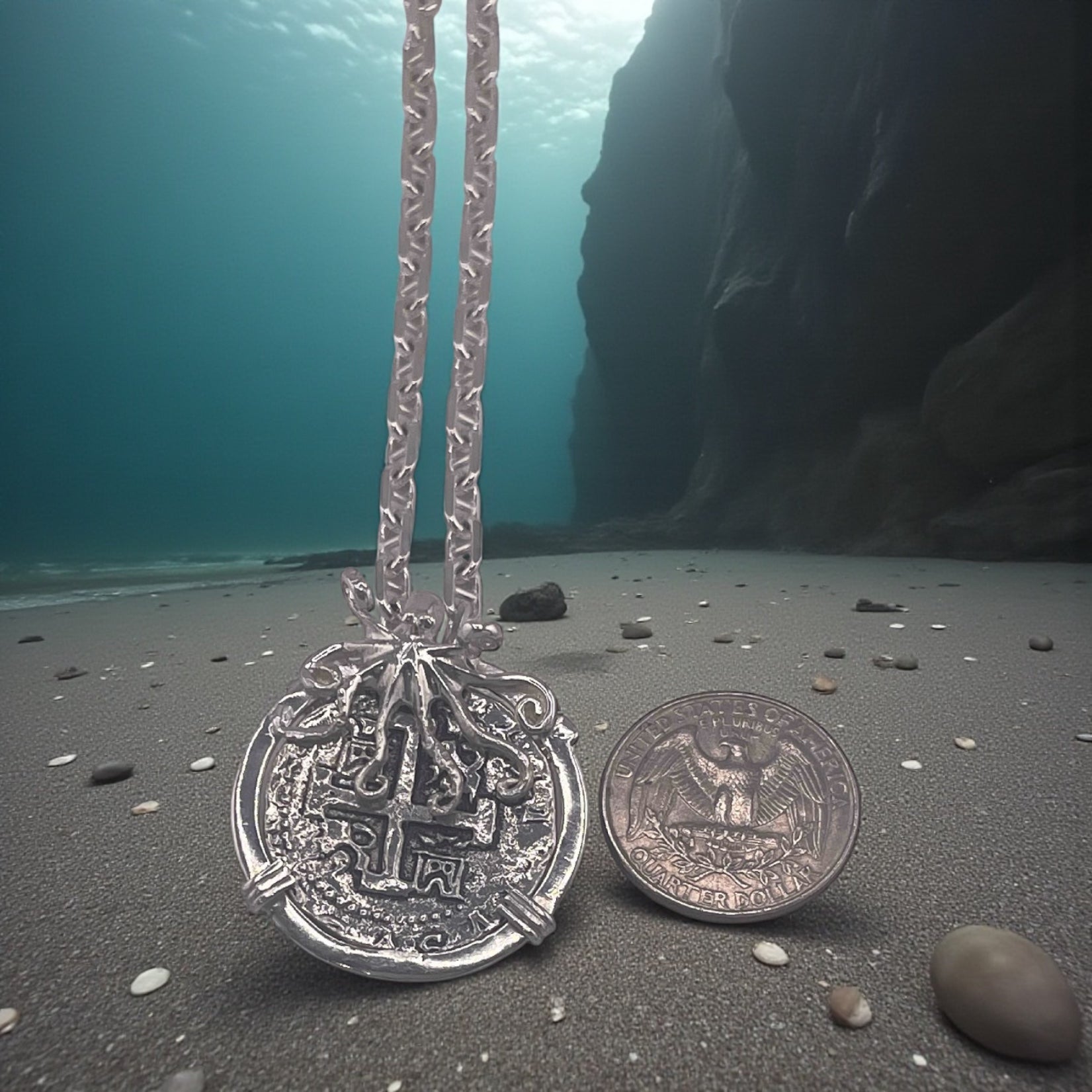 SOLID SILVER COIN PENDANT IN BEAUTIFUL OCTOPUS BEZEL