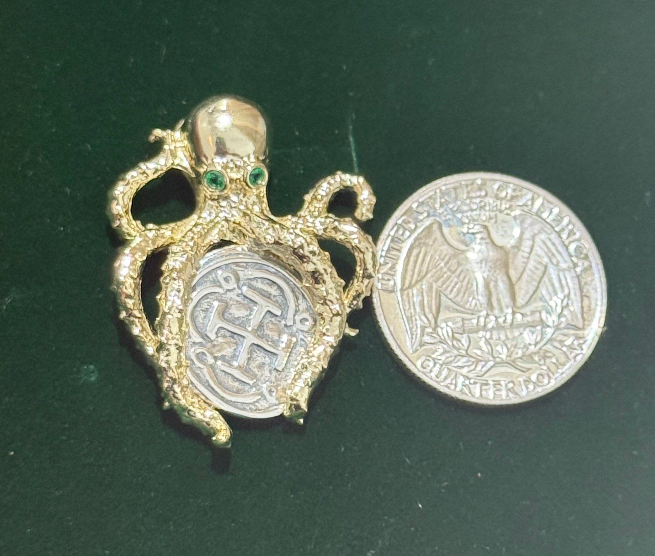 Gorgeous atocha 925 solid sterling silver coin pendant in octopus setting with green gemstone eyes in 14k gold vermeil