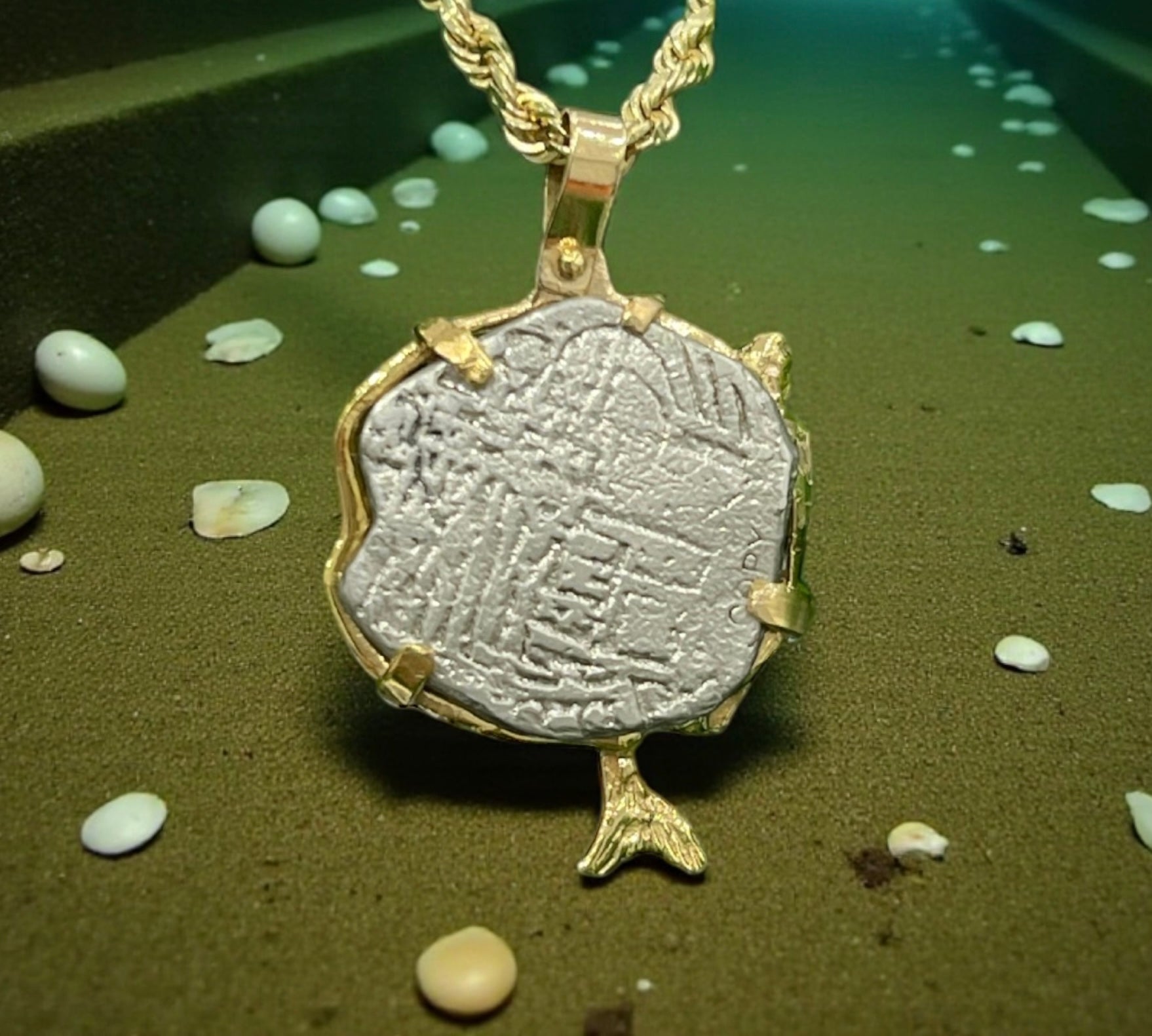 ATOCHA SHIPWRECK SILVER COIN PENDANT IN 14KT SOLID REAL GOLD MERMAID BEZEL