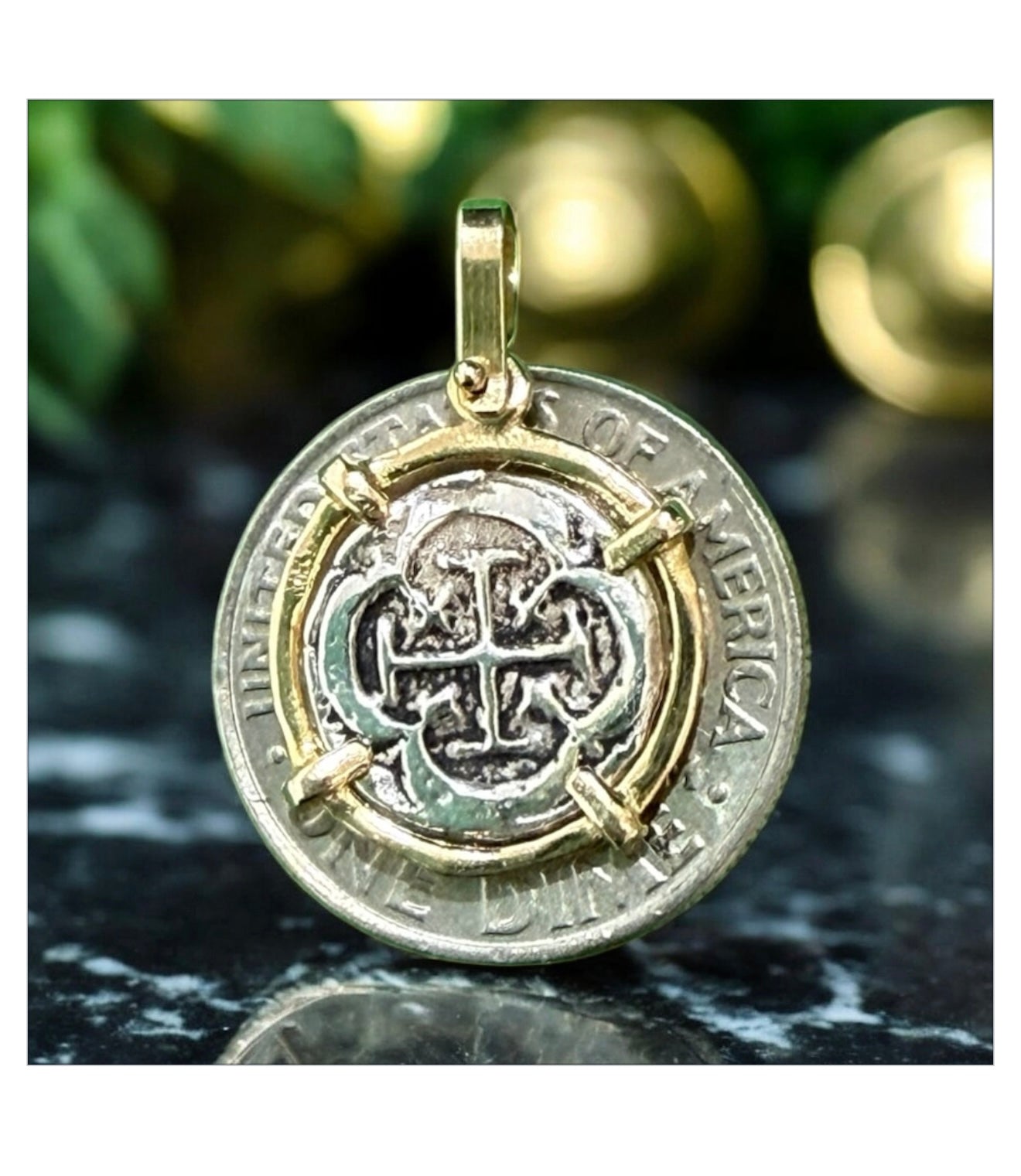 ATOCHA SILVER MINI LIGHT WEIGHT COIN PENDANT IN 14K REAL GOLD BEZEL 12MM