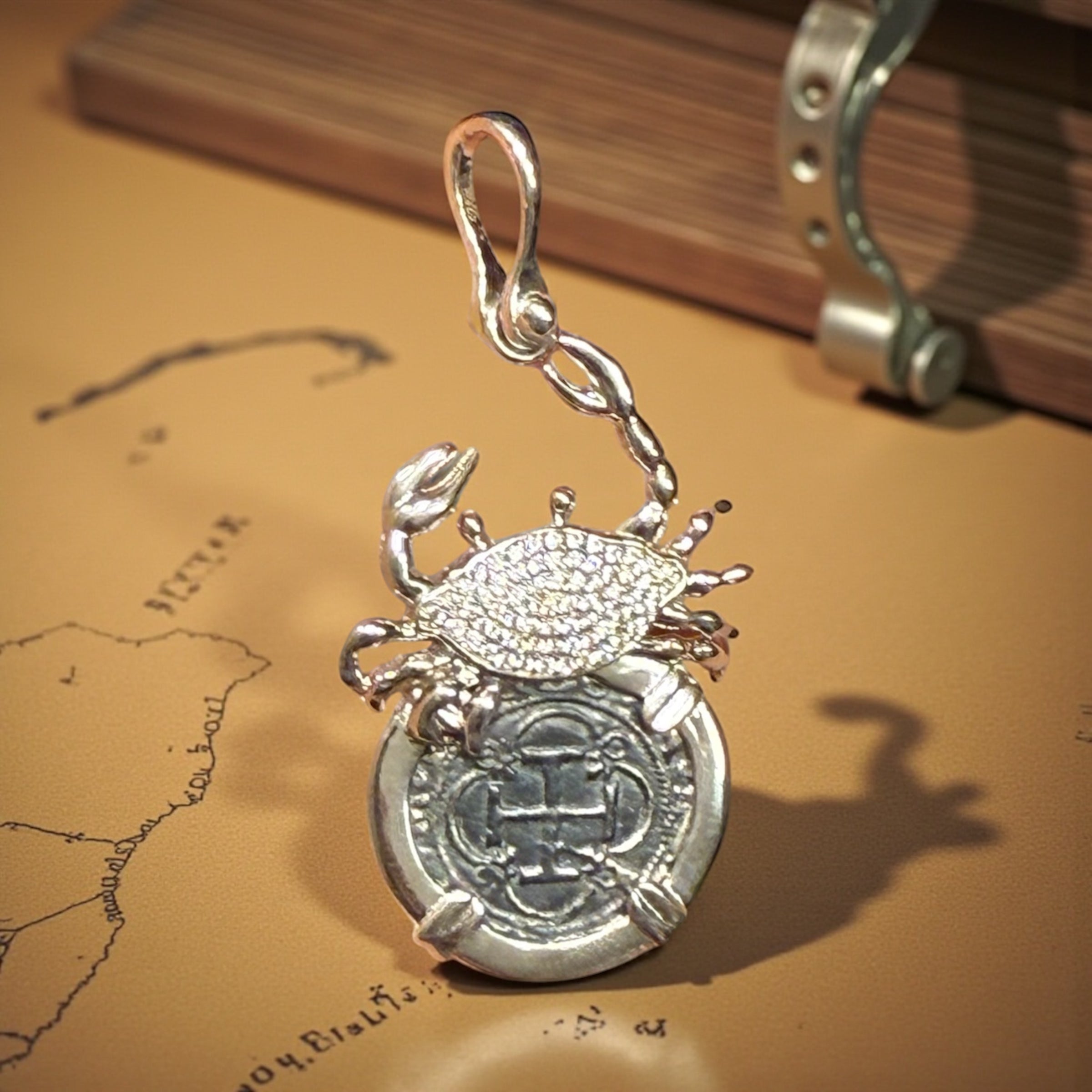 Atocha Shipwreck silver coin pendant in crystal crab setting