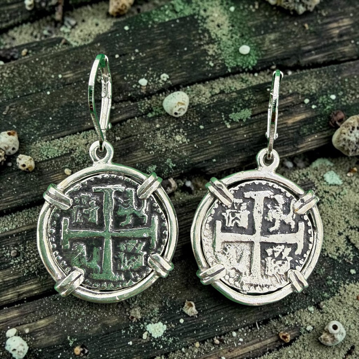 925 solid sterling silver recreation of Atocha coin earrings 21mm