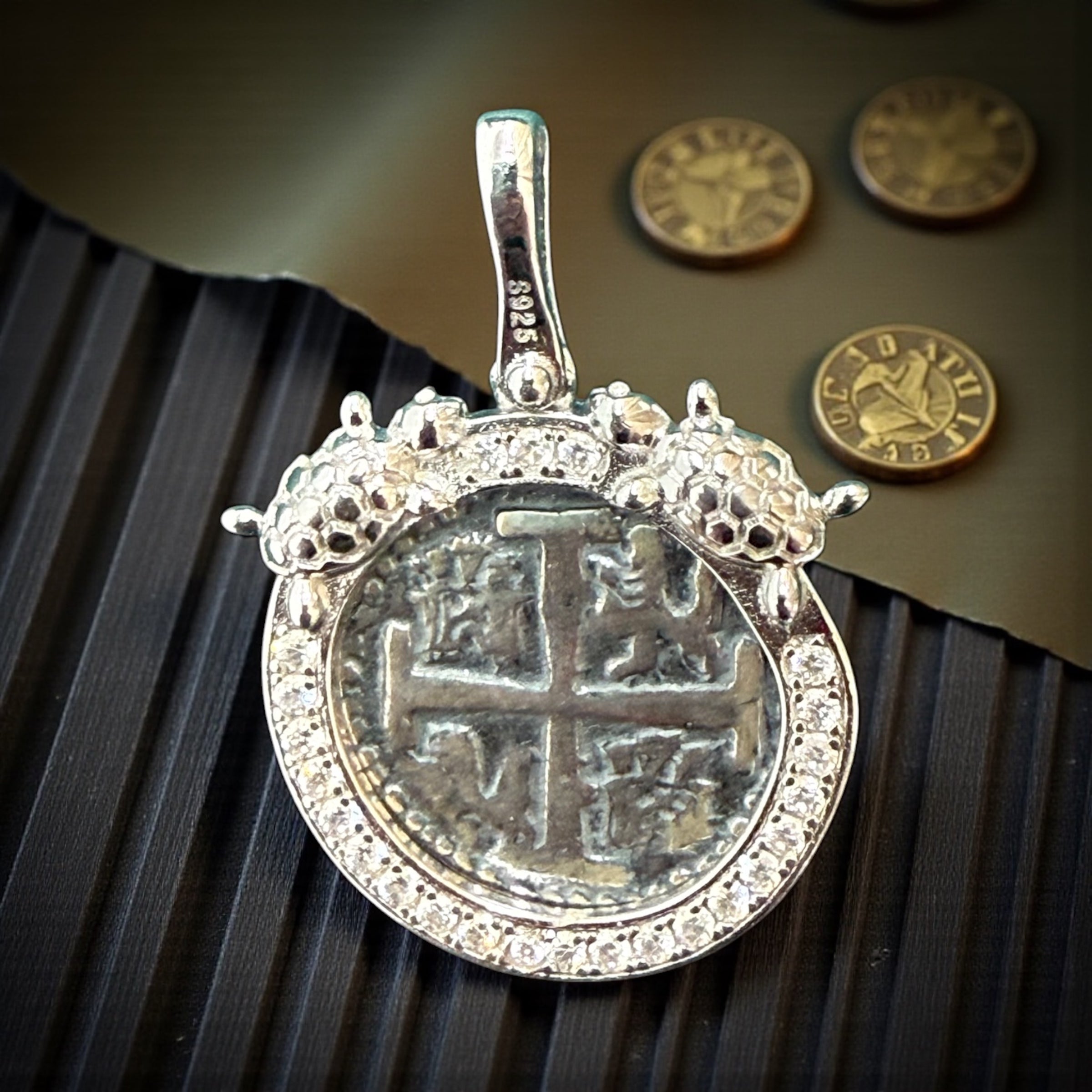 Gorgeous Atocha Shipwreck coin pendant in sparkling crystals and twin turtles