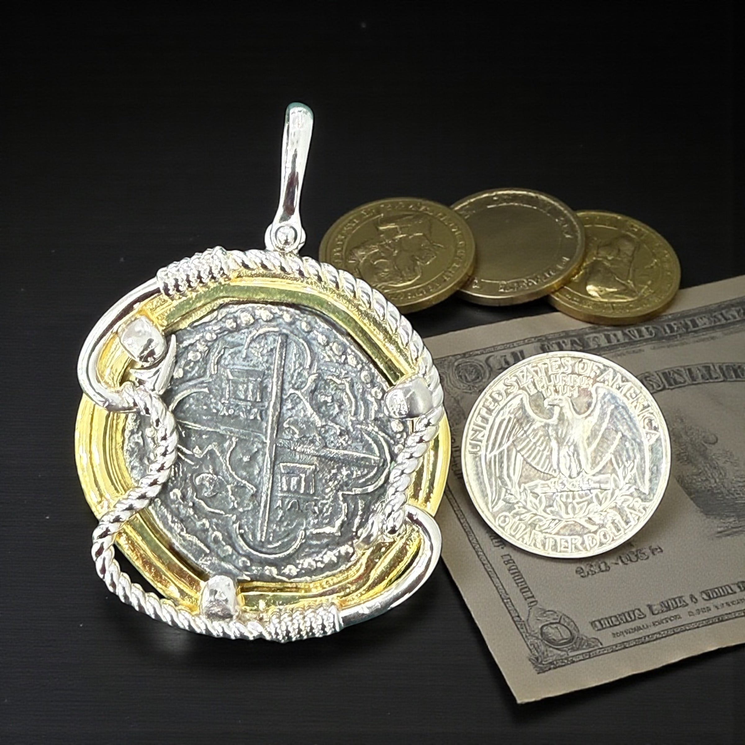 Large solid ATOCHA silver shipwreck coin pendant in beautiful rope setting and 14k gold vermeil bezel