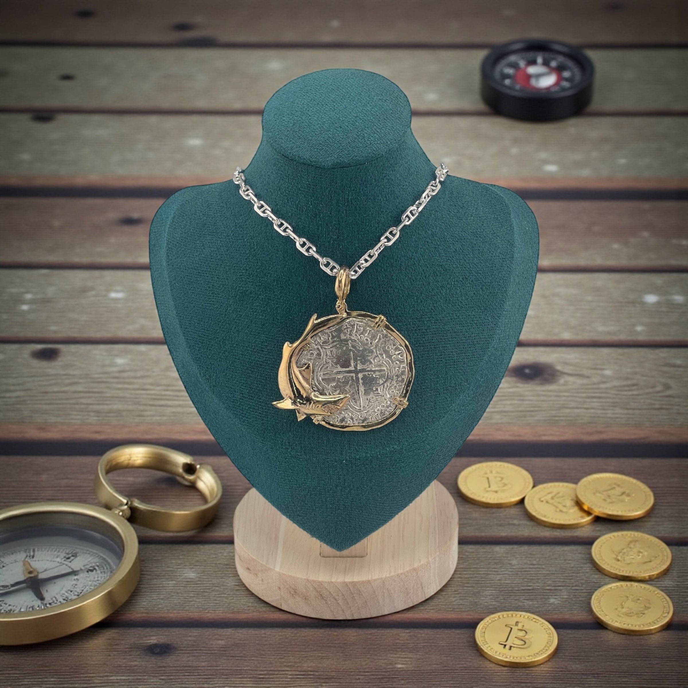 NUESTRA SENORA DE ATOCHA SOLID LARGE SILVER COIN PENDANT IN 14KT SOLID FISH GOLD BEZEL