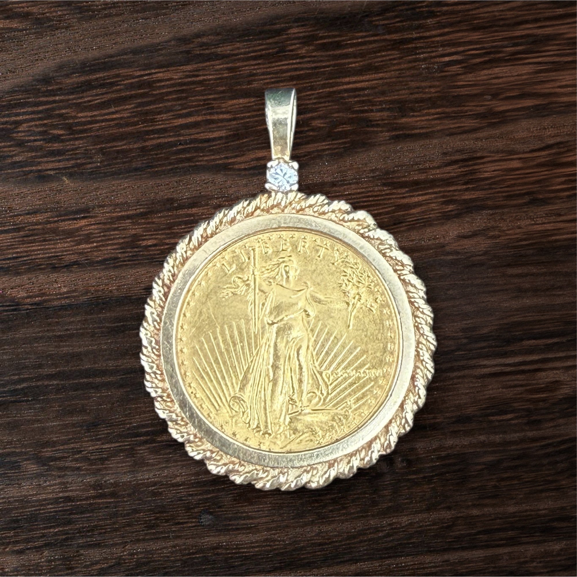 24k Real Gold LIBERTY coin pendant in 14k real gold bezel and bale