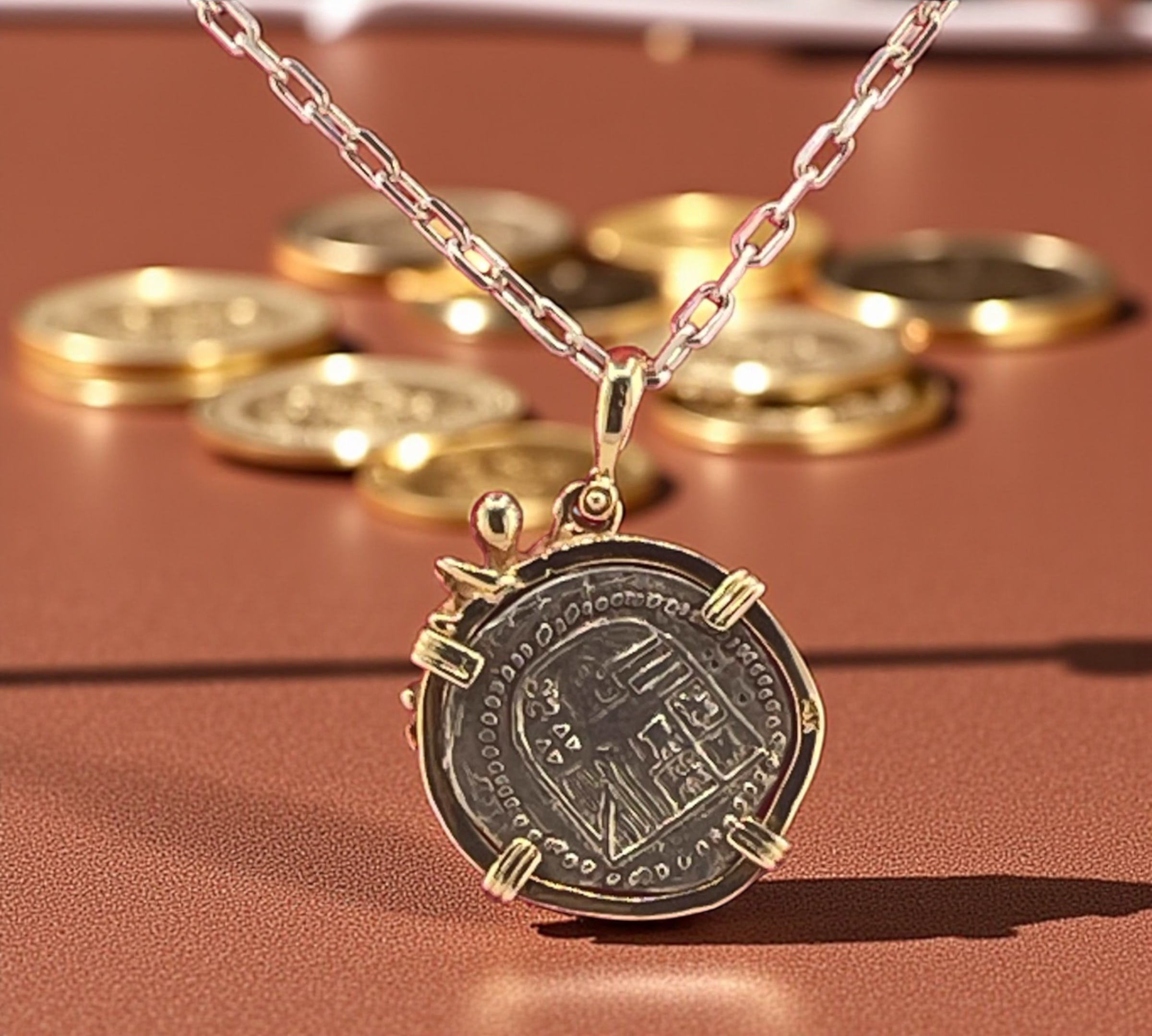 NUESTRA SENORA DE ATOCHA SILVER COIN PENDANT IN 14KT SOLID GOLD OCTOPUS BEZEL