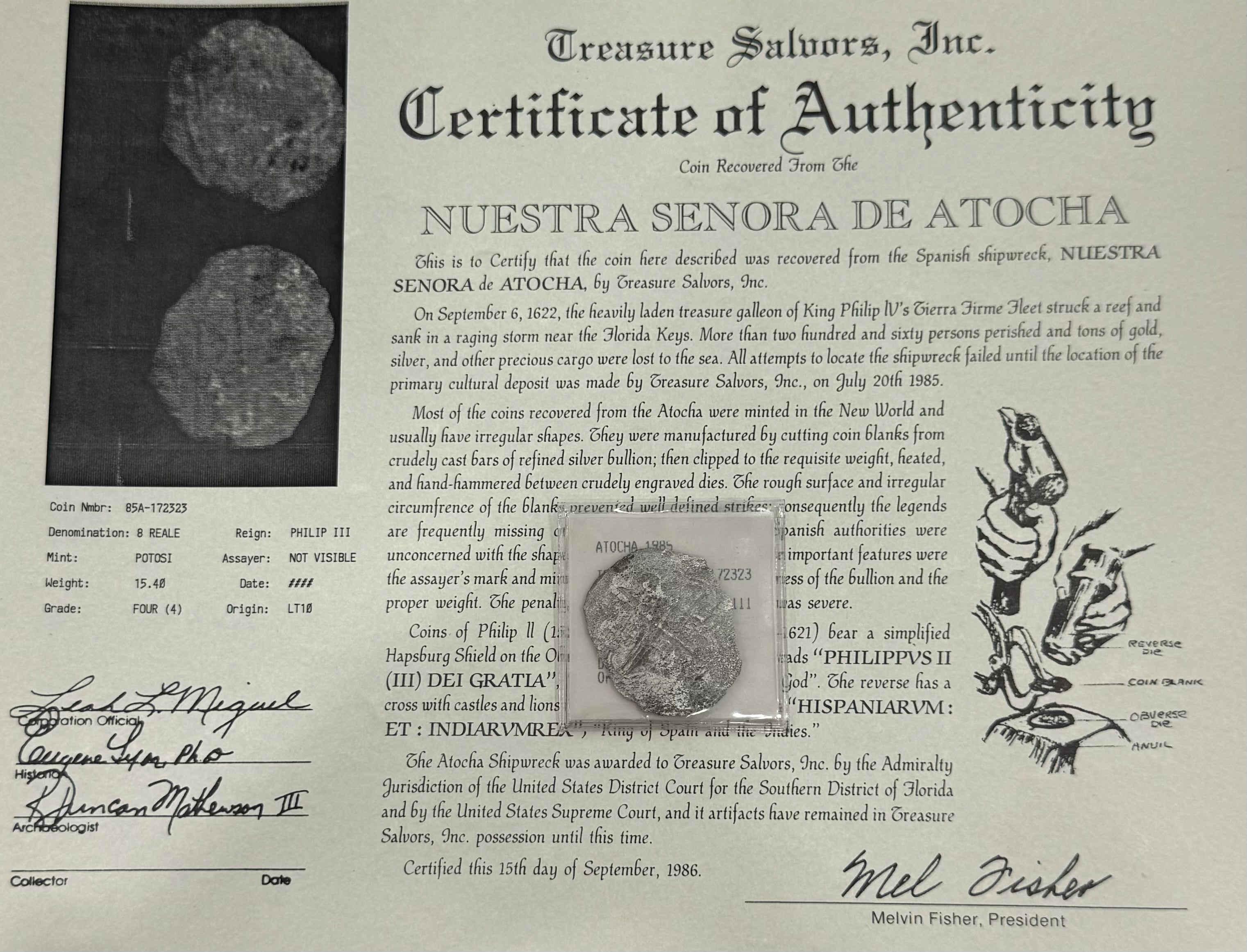 ACTUAL COIN NUESTRA SENORA DE ATOCHA SILVER COIN 8 REALE GRADE 4 SHIPWRECK COIN