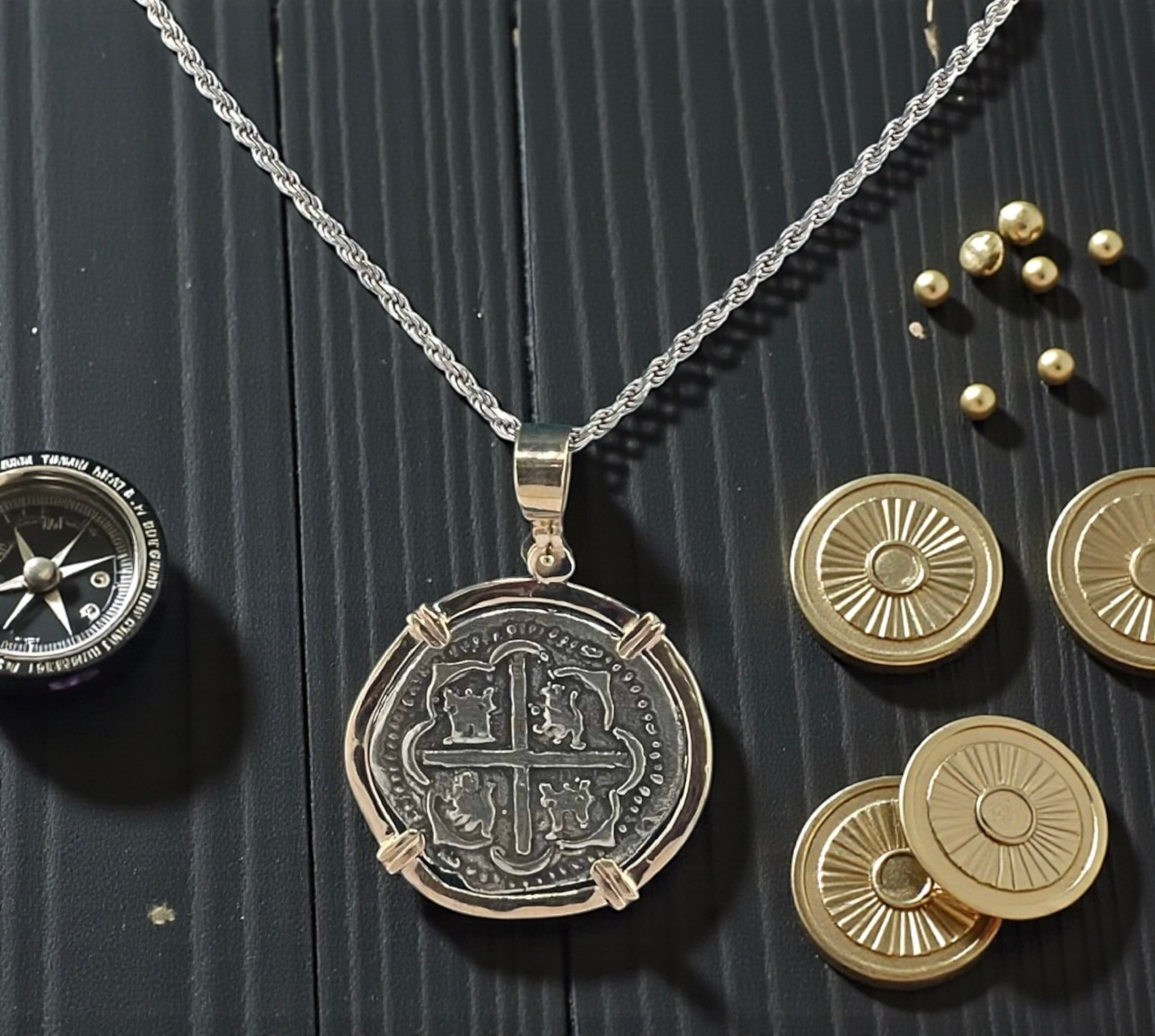 NUESTRA SENORA DE ATOCHA SILVER COIN PENDANT IN 14KT SOLID GOLD BEZEL