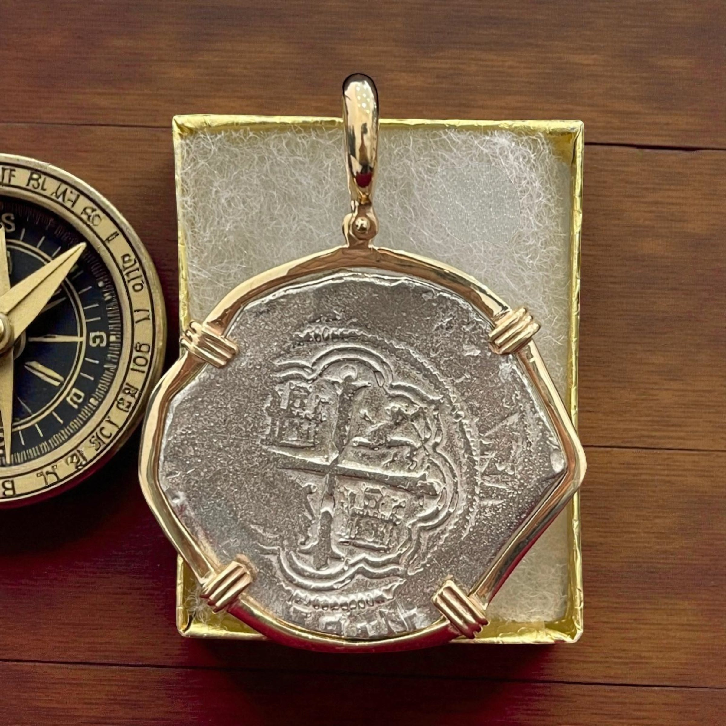 ATOCHA SOLID SILVER HEAVY COIN PENDANT IN 14K SOLID GOLD BEZEL