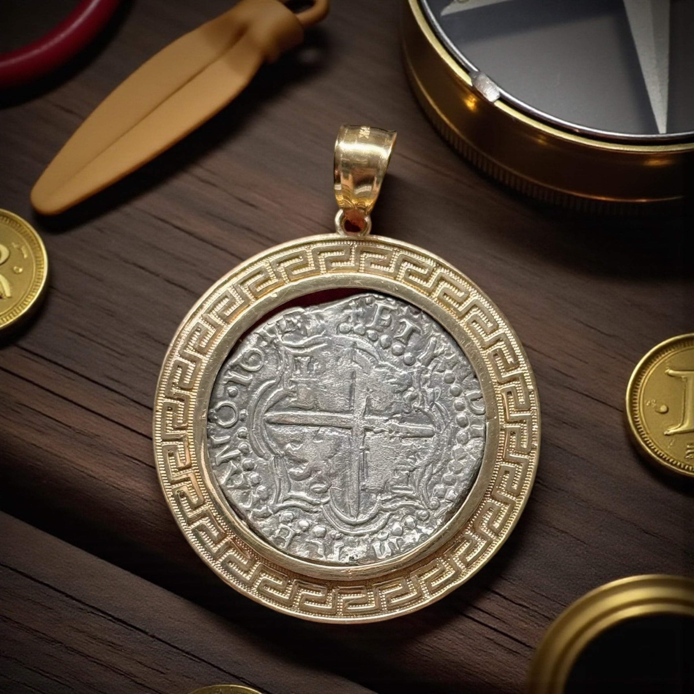 ATOCHA LARGE SILVER COIN PENDANT IN 10KT REAL GOLD SETTING