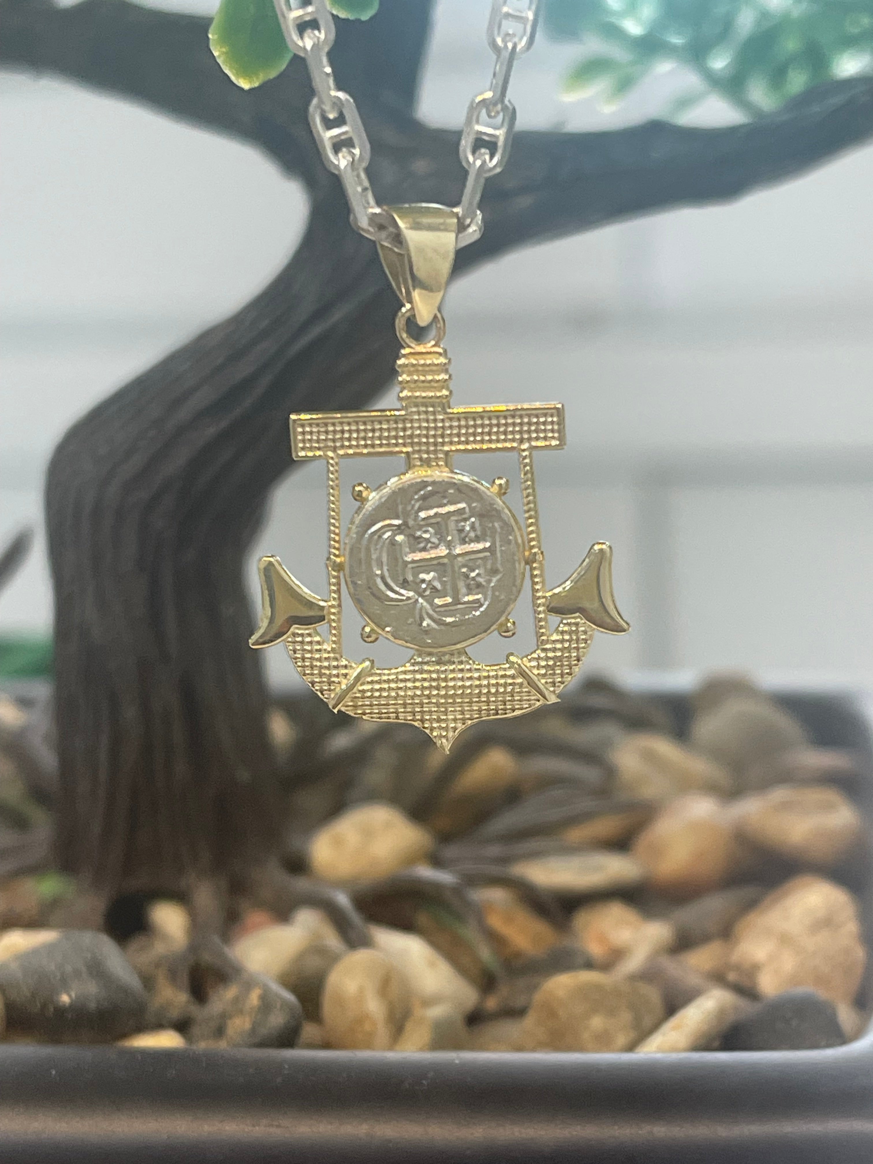 NUESTRA SENORA DE ATOCHA MINI SILVER COIN PENDANT IN 10K REAL GOLD ANCHOR