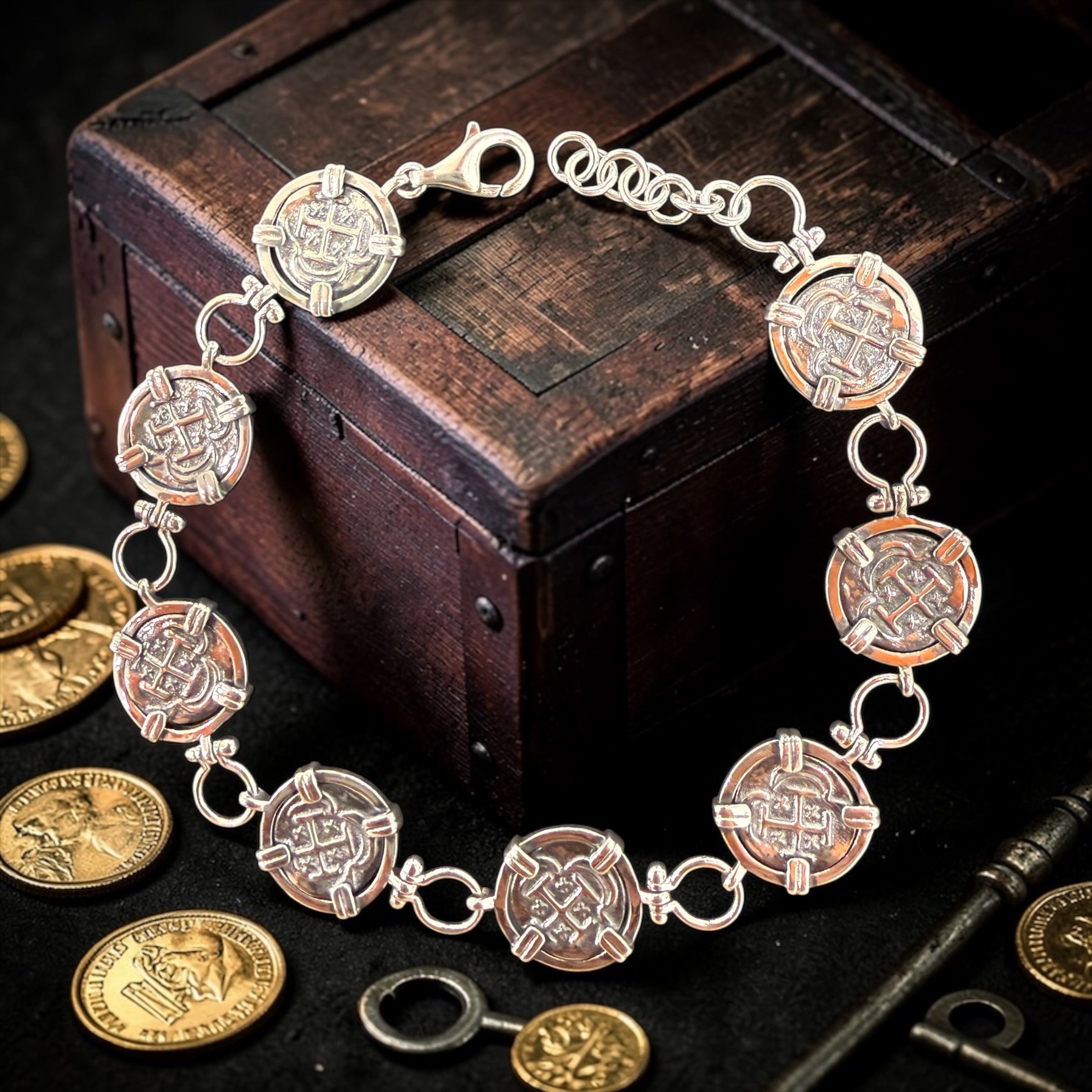 Atocha Shipwreck mini Coin Bracelet: 925 Sterling Silver in Shackle link adjustable