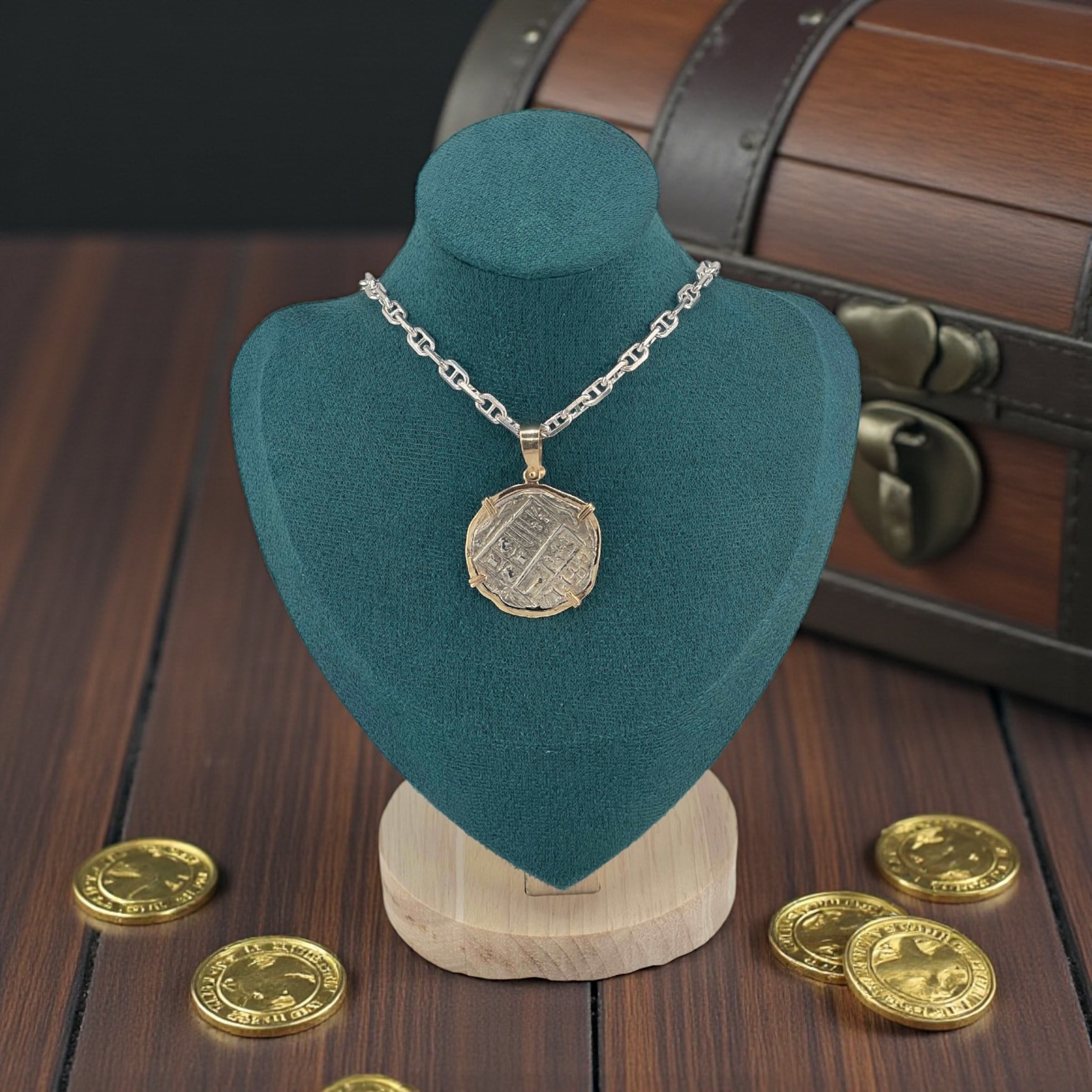 NUESTRA SENORA DE ATOCHA SOLID SILVER COIN PENDANT IN 14KT SOLID GOLD BEZEL