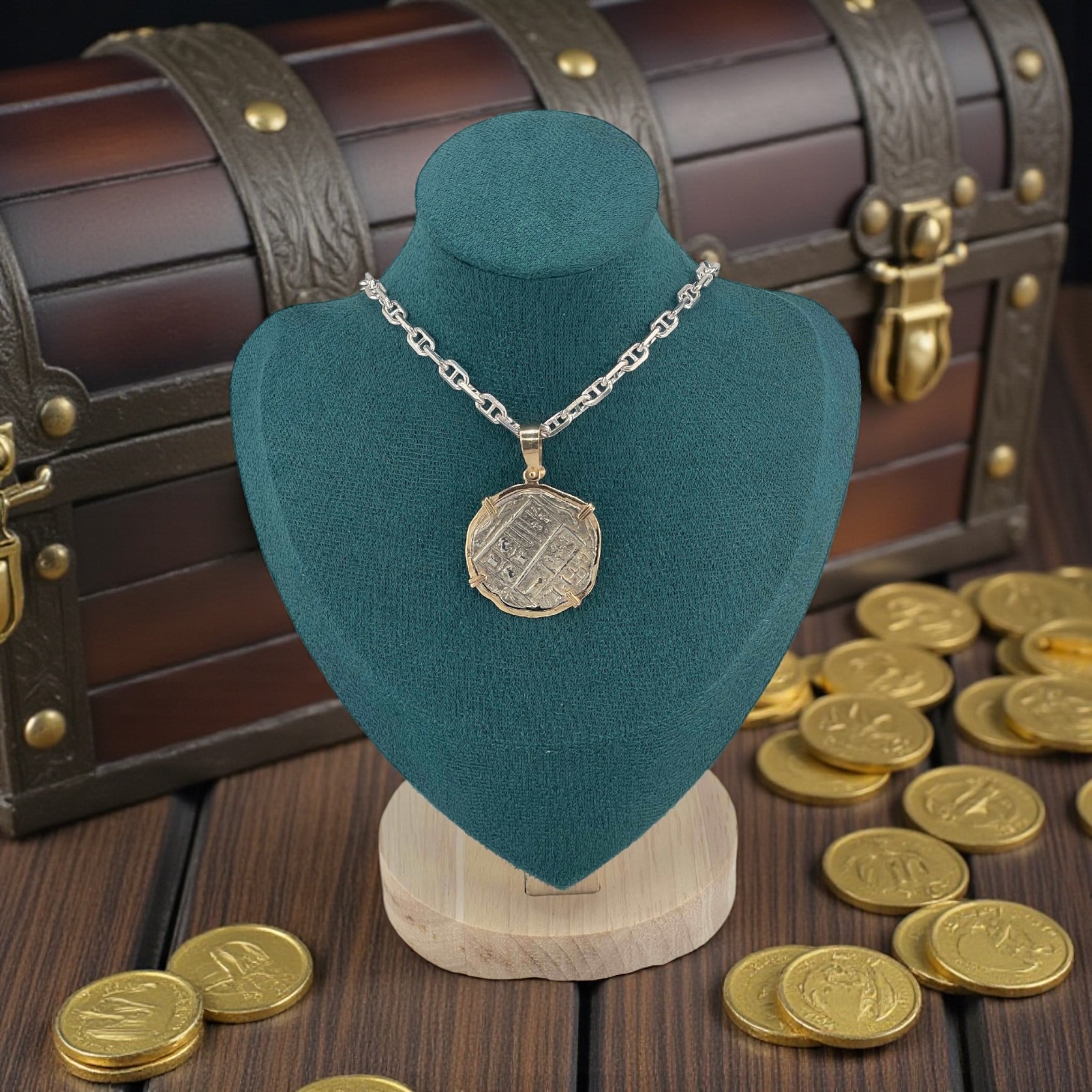 NUESTRA SENORA DE ATOCHA SOLID SILVER COIN PENDANT IN 14KT SOLID GOLD BEZEL