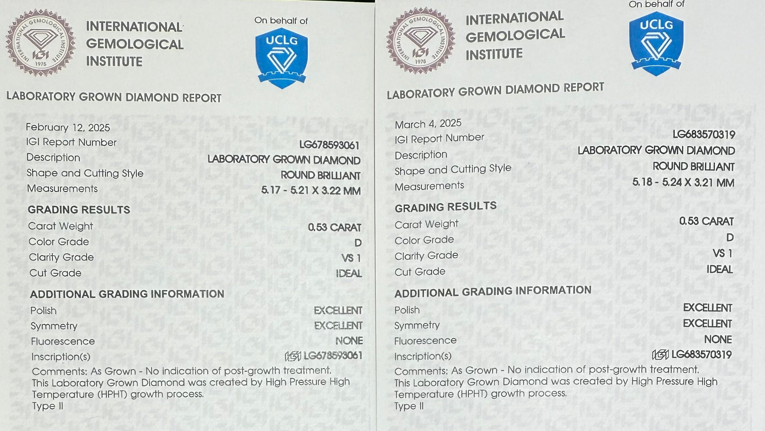 IGI CERTIFIED LAB GROWN DIAMOND STUDS TOTAL 1.06 CTS VS 1 SET IN 14K SOLID REAL WHITE GOLD 0.53 CT EACH