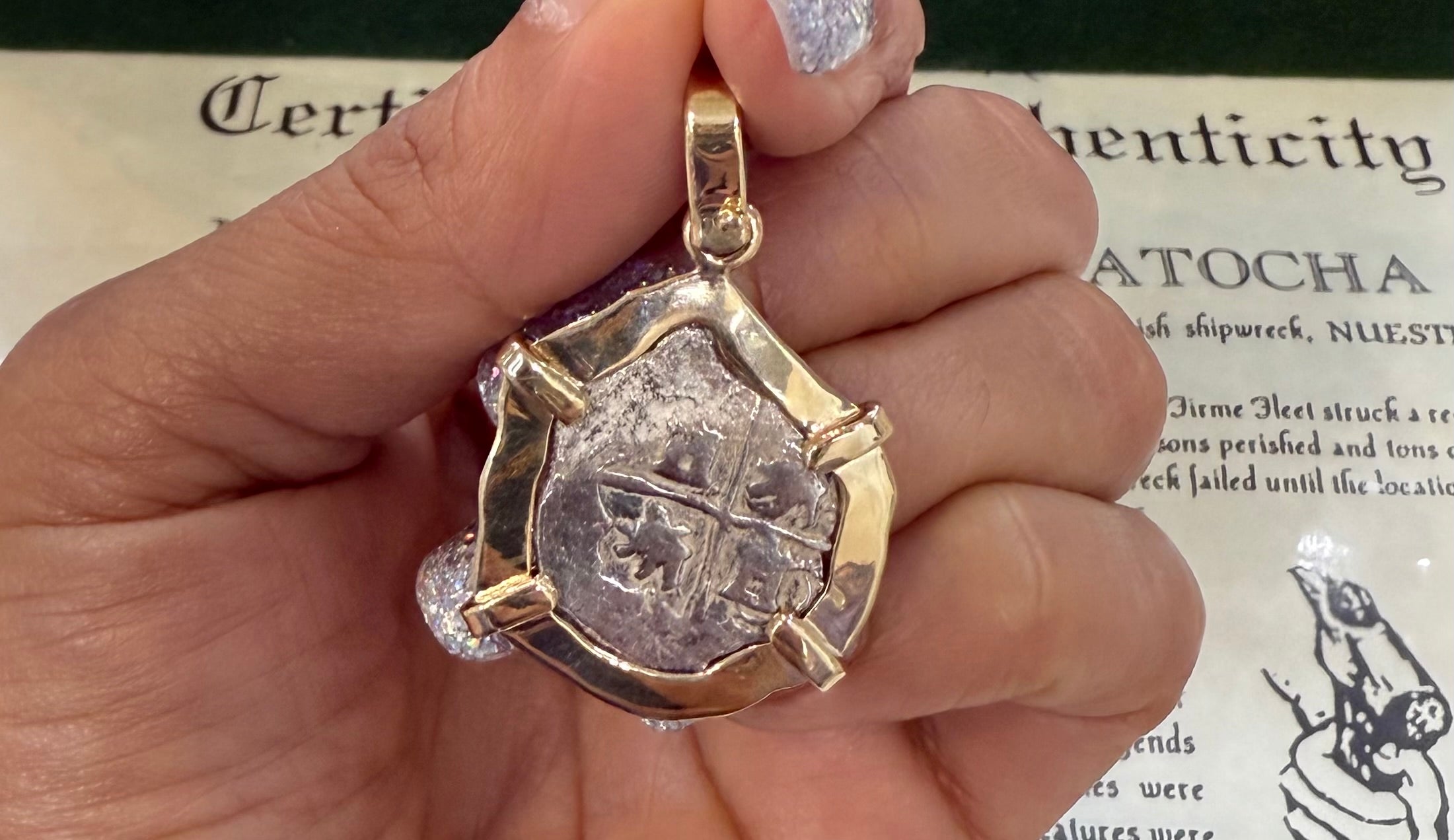 ACTUAL COIN NUESTRA SENORA DE ATOCHA SILVER COIN 1 REALE GRADE 3 IN 14K SOLID GOLD BEZEL SHIPWRECK COIN PENDANT