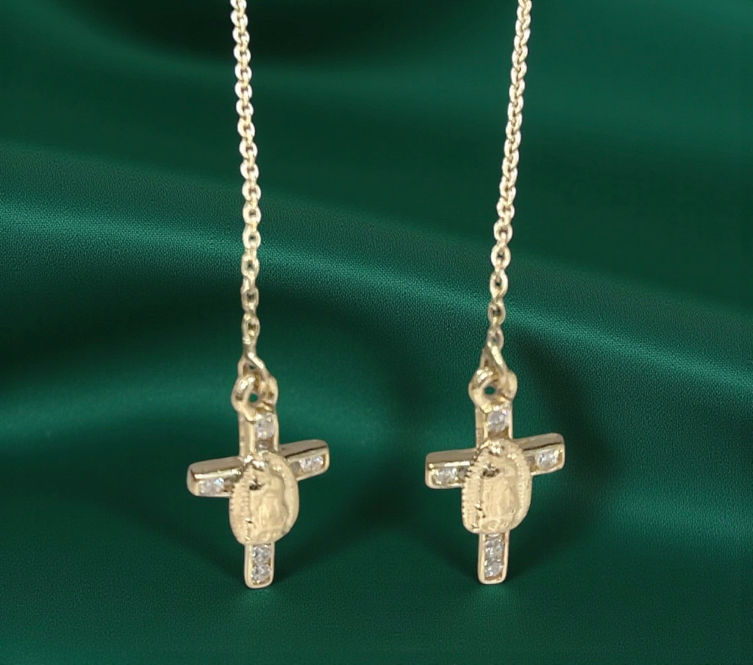 14K REAL GOLD CROSS MOTHER MARY THREAD EARRINGS.